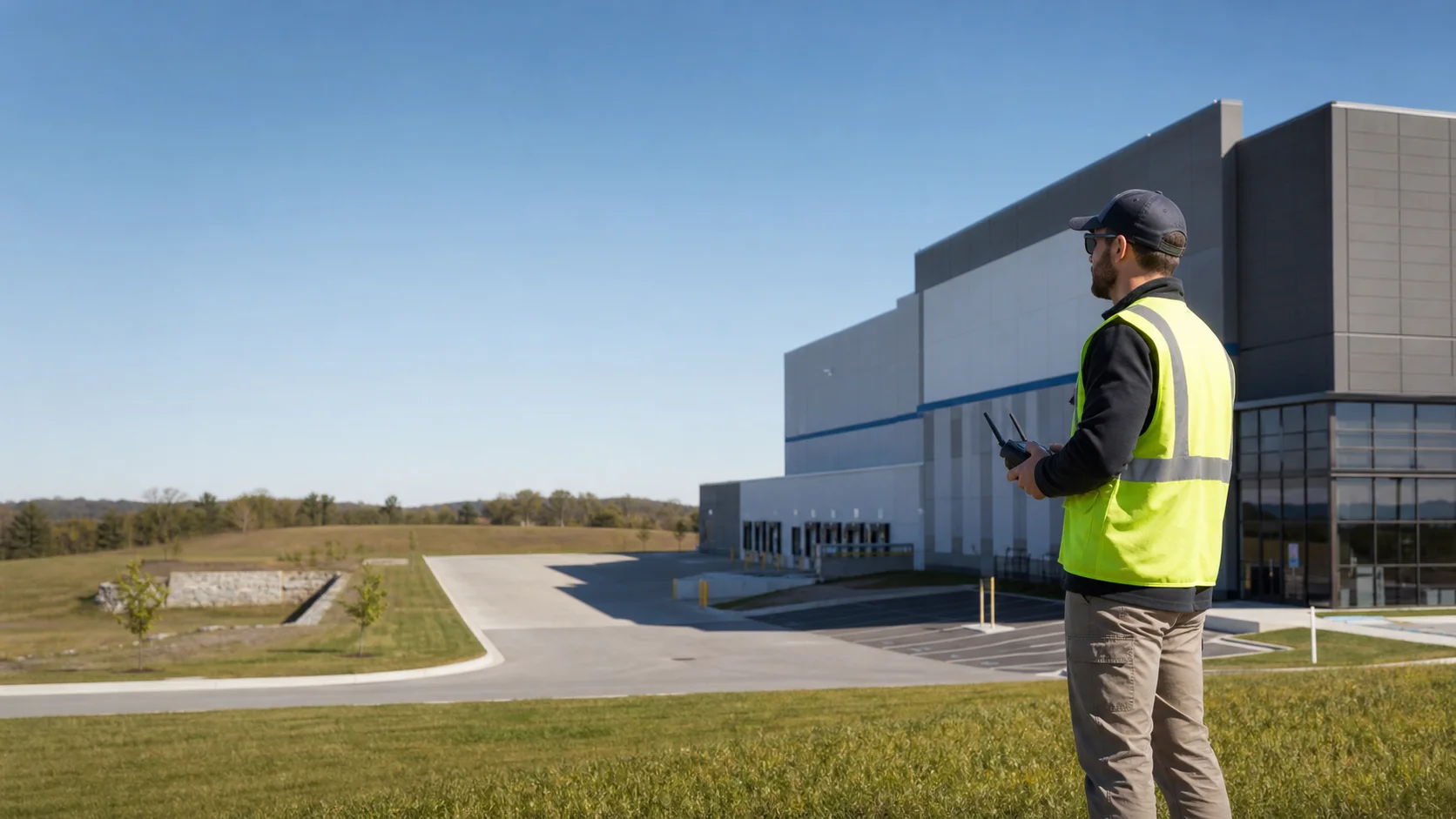 Commercial drone operator preparing to document a modern industrial property.