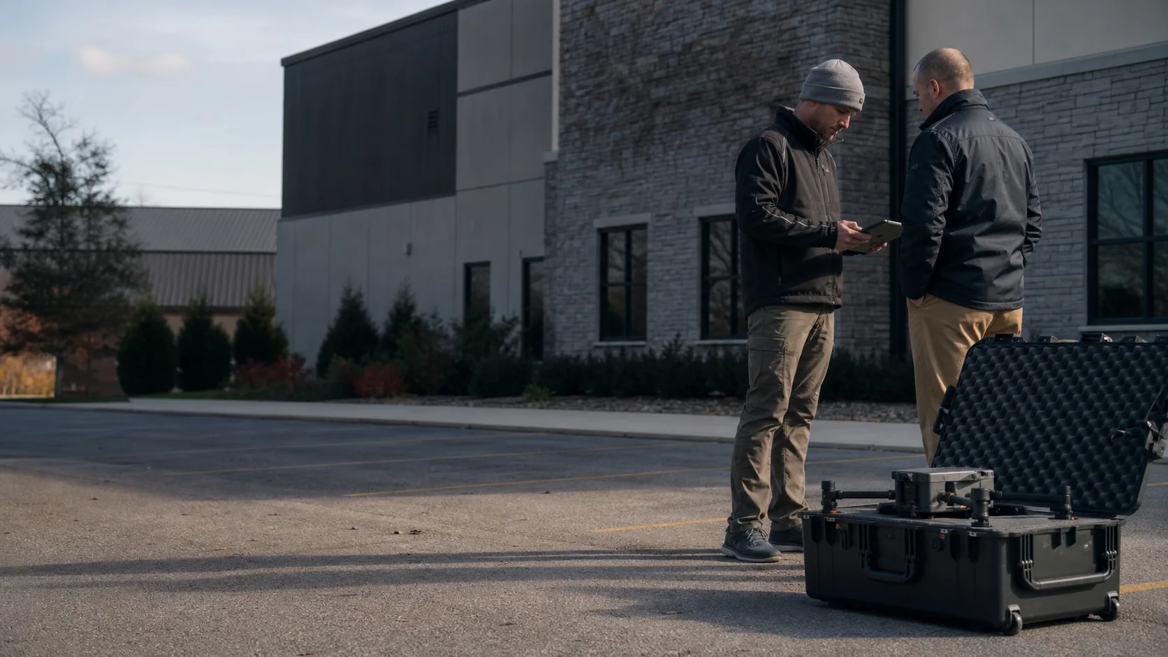 Illustrative field-planning conversation between a drone operator and commercial property manager beside a prepared drone and equipment case.