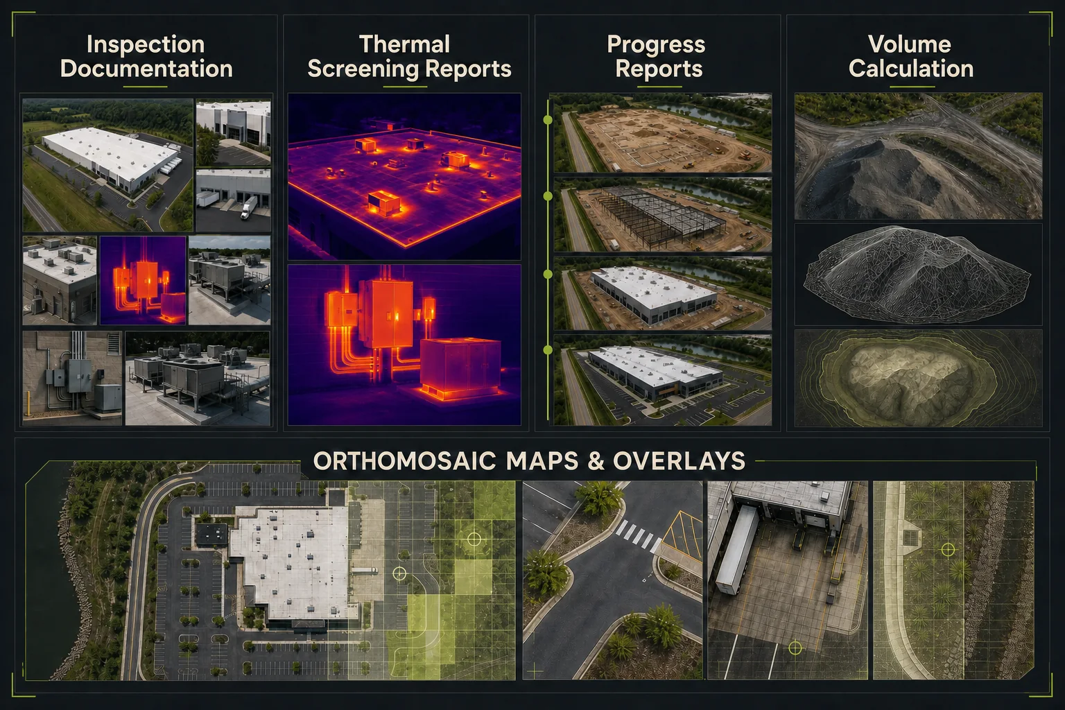 Conceptual deliverable overview showing inspection documentation, thermal screening reports, progress reports, approximate volume calculation, and orthomosaic maps with planning overlays.