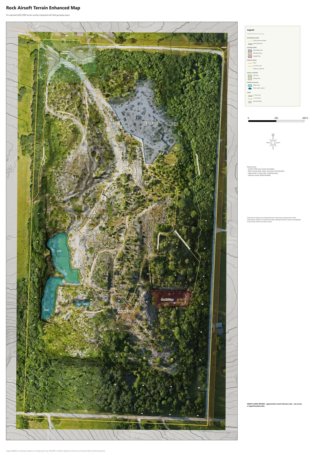 Terrain-enhanced field map for The Rock Airsoft with orthomosaic, contours, grid, zones, and map legend.