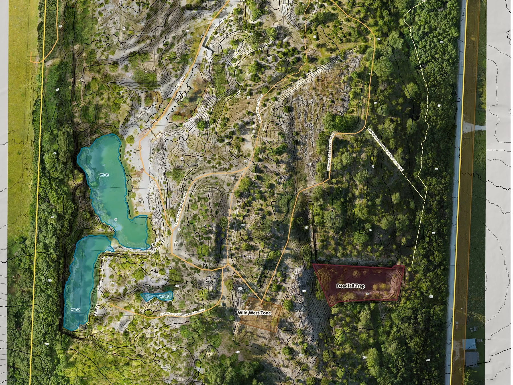 Detailed Rock Airsoft field map showing water features, contours, roads, zones, and grid references.