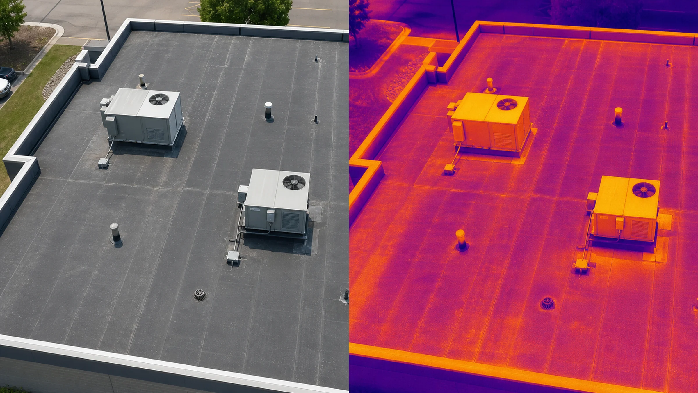 Paired visible-light and thermal-style aerial references for the same commercial roof area.