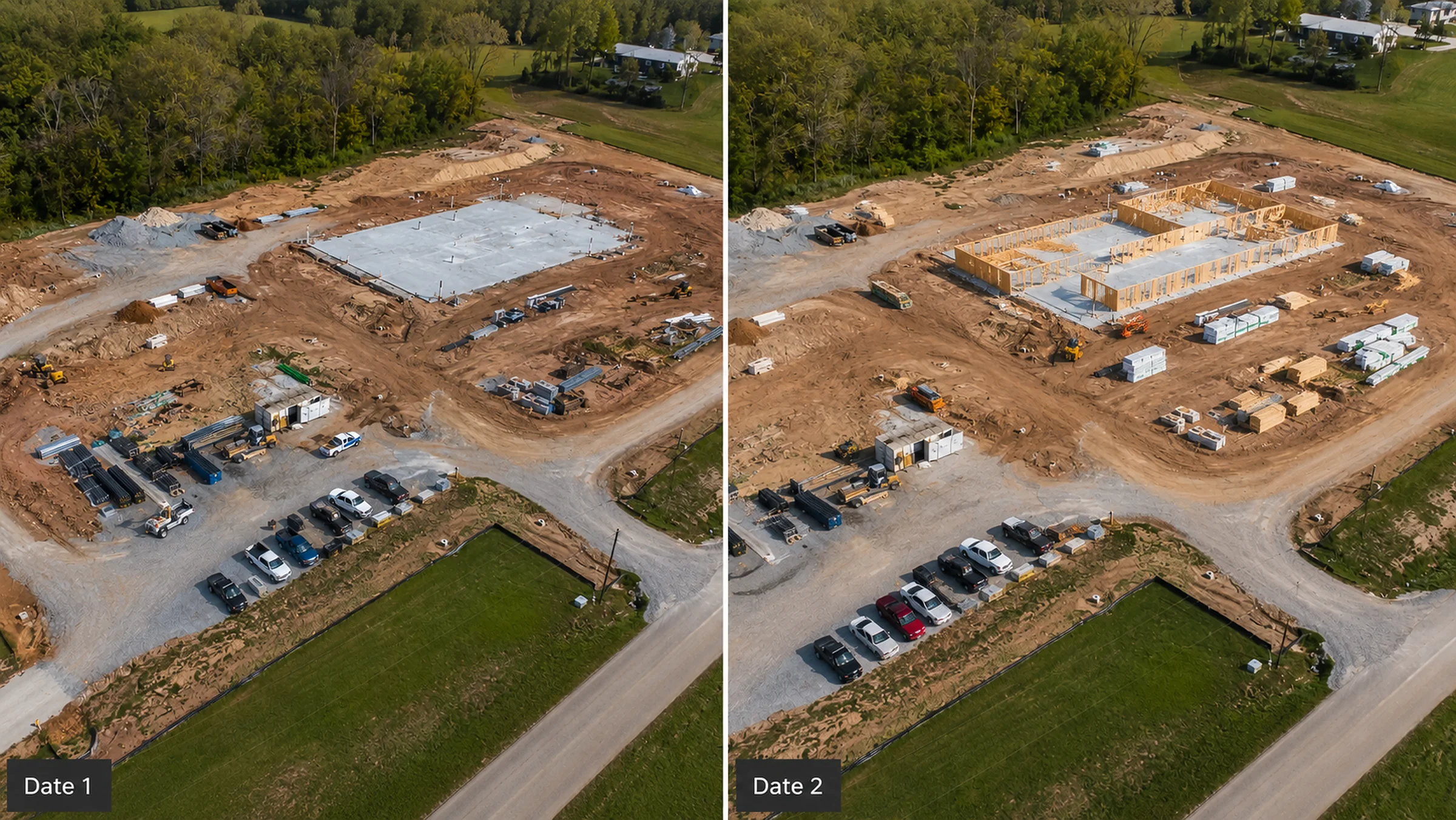Side-by-side drone construction progress photos comparing the same Missouri jobsite view on two dates.