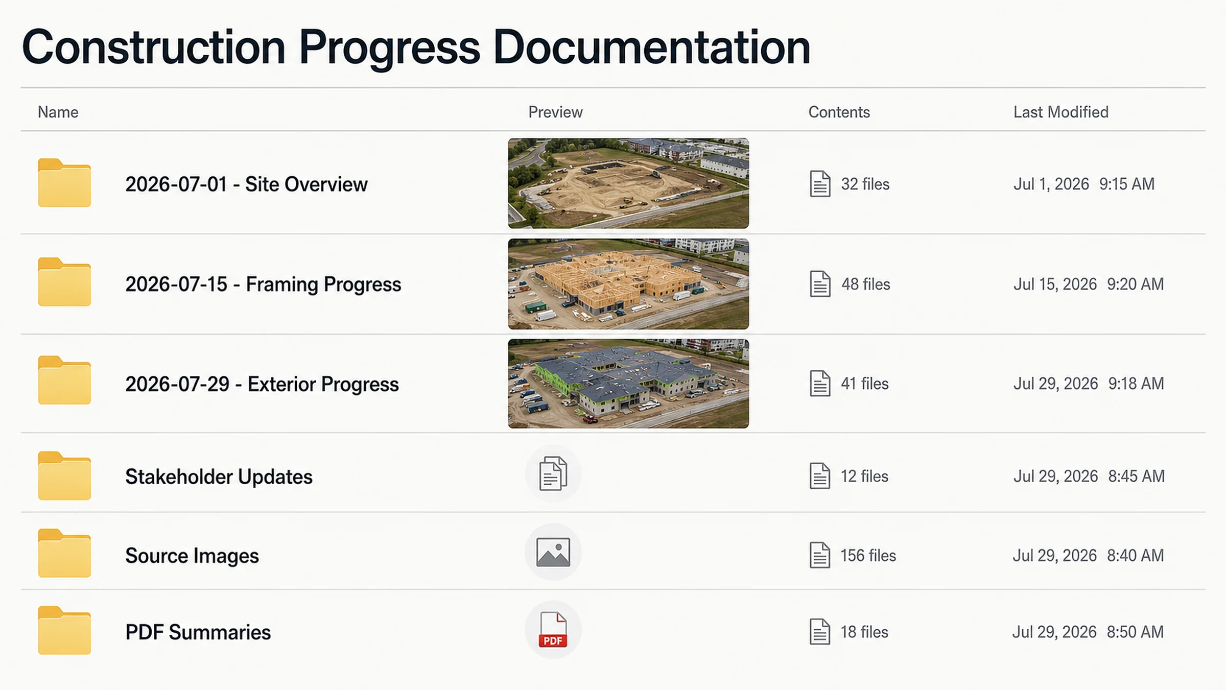 Example date-based folder structure for recurring progress documentation.