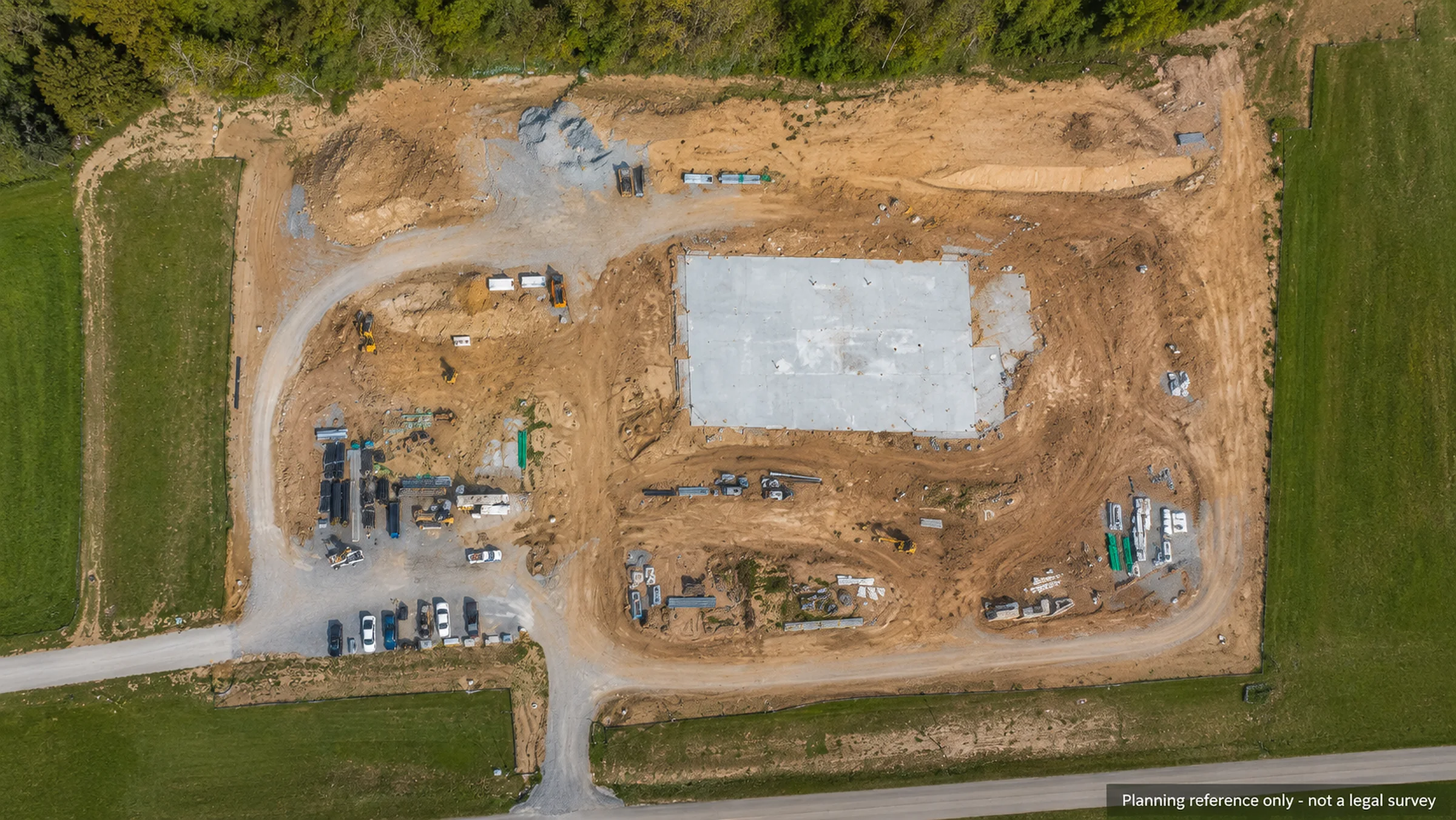 Orthomosaic-style construction site reference for planning, labeled not a legal survey.