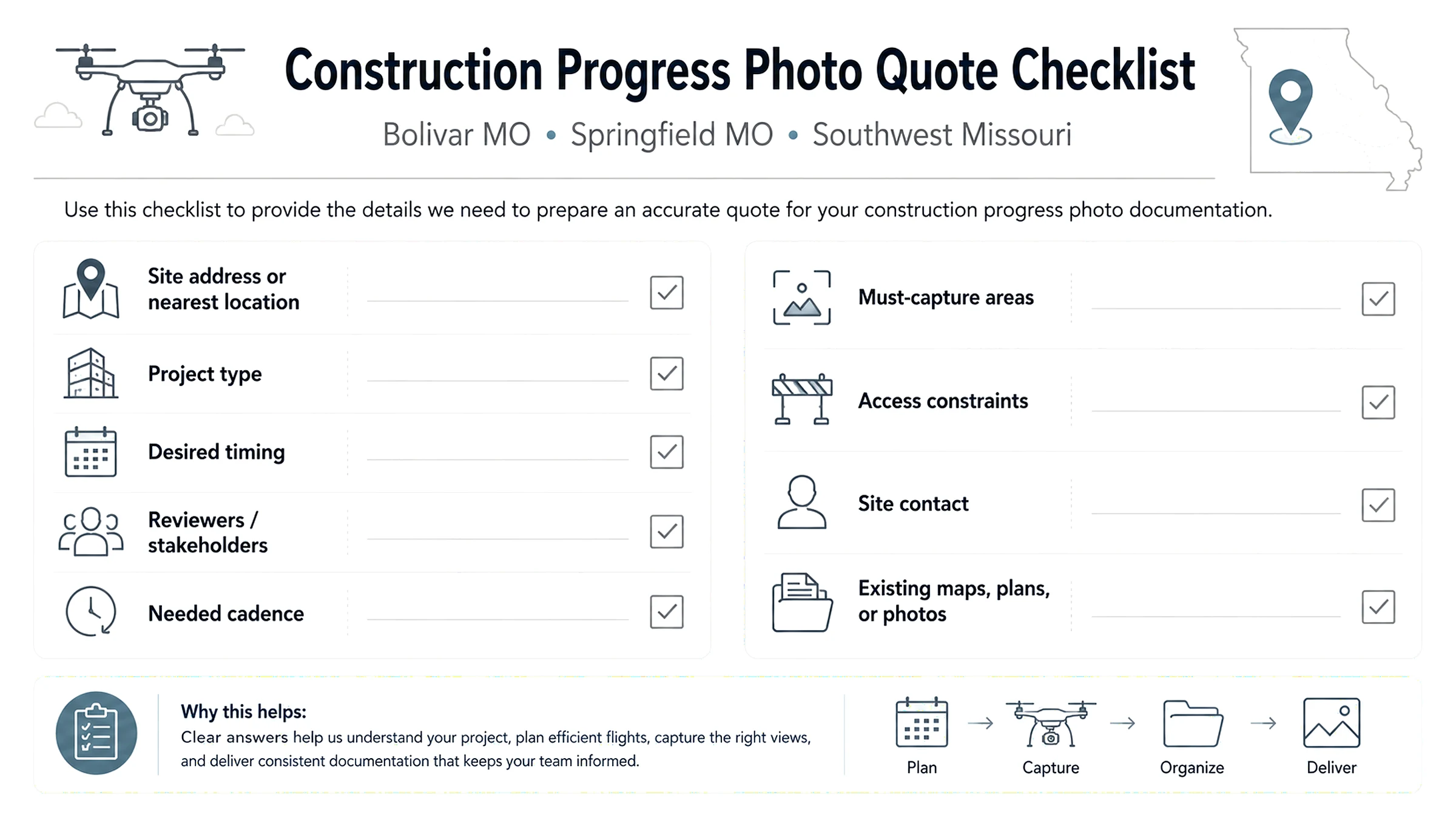 Checklist for requesting construction progress photos in Bolivar MO, Springfield MO, and Southwest Missouri.