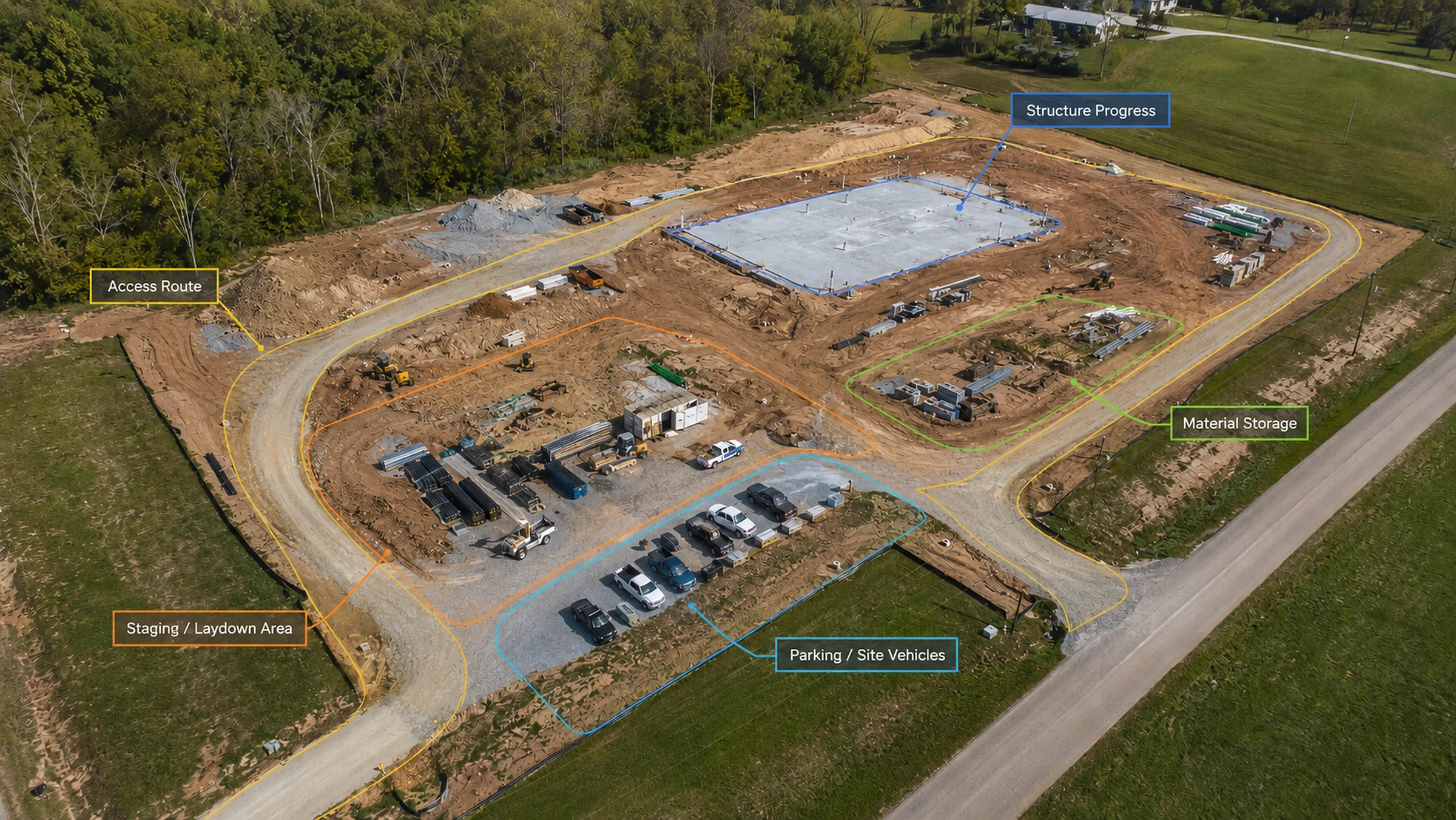Stakeholder construction update with labeled aerial zones on a Missouri construction site.