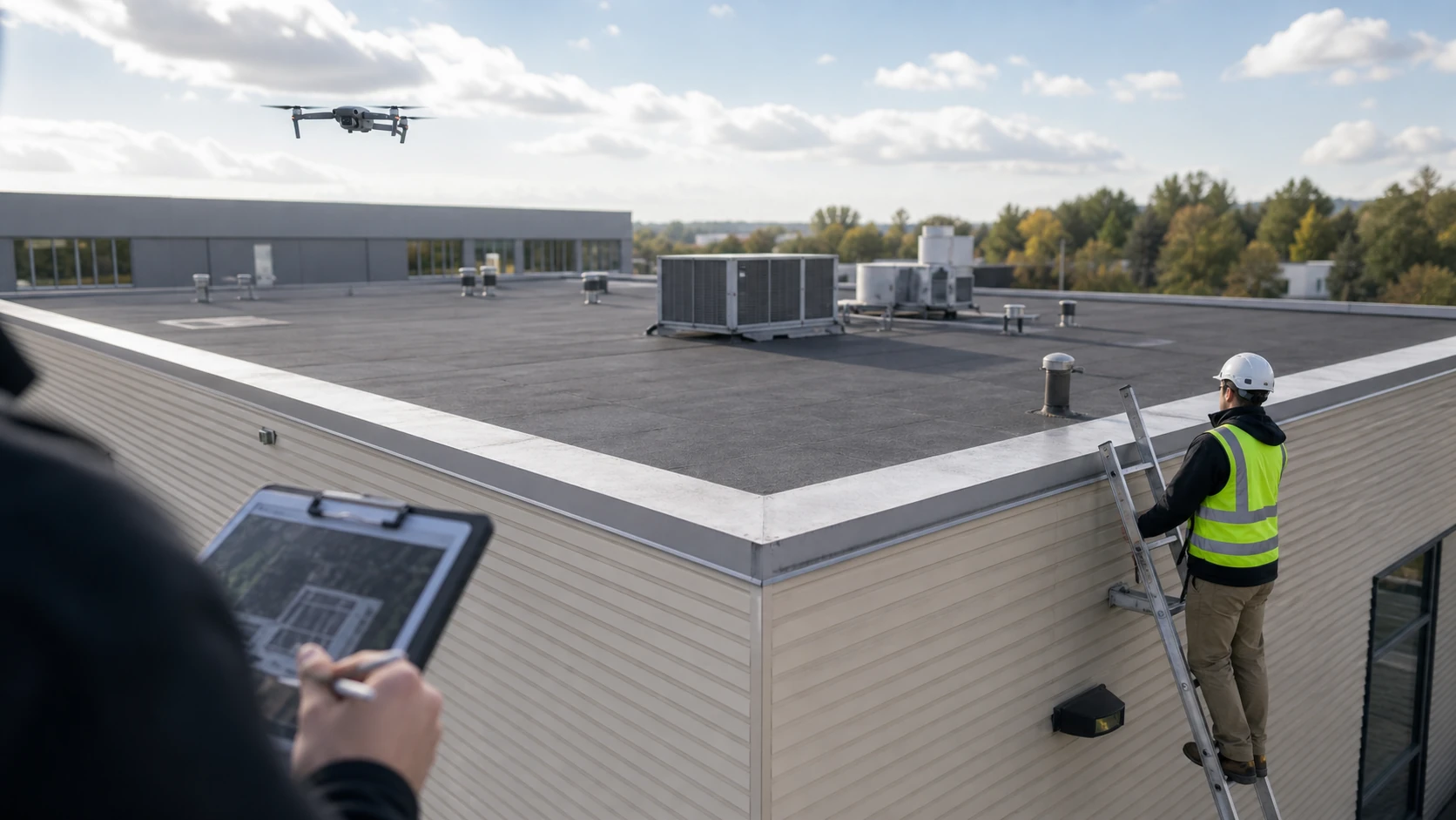 Illustrative drone roof documentation and ladder review scene for a roof inspection methods article.
