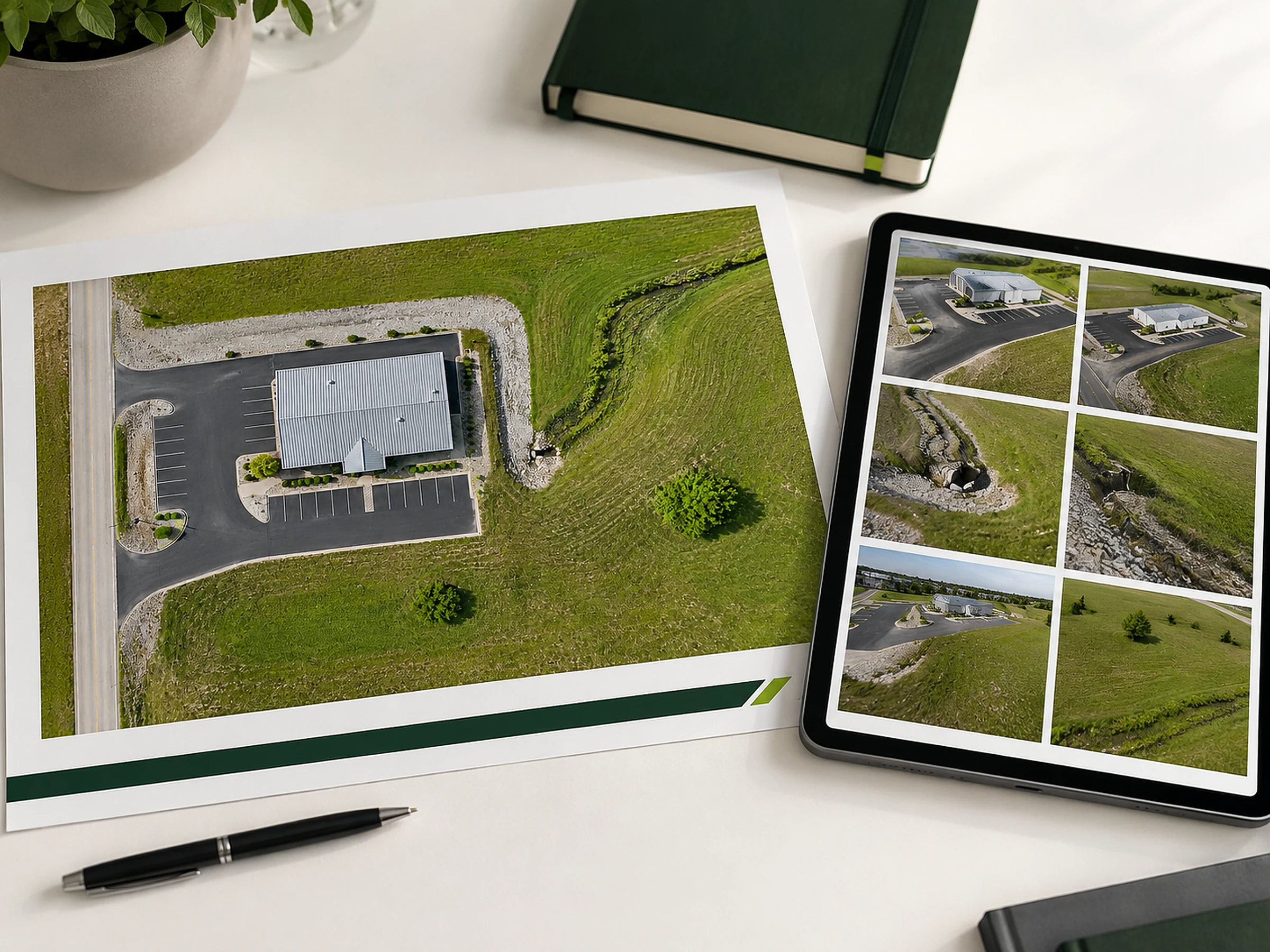 Printed orthomosaic-style property map and tablet image grid prepared as an example deliverable package.