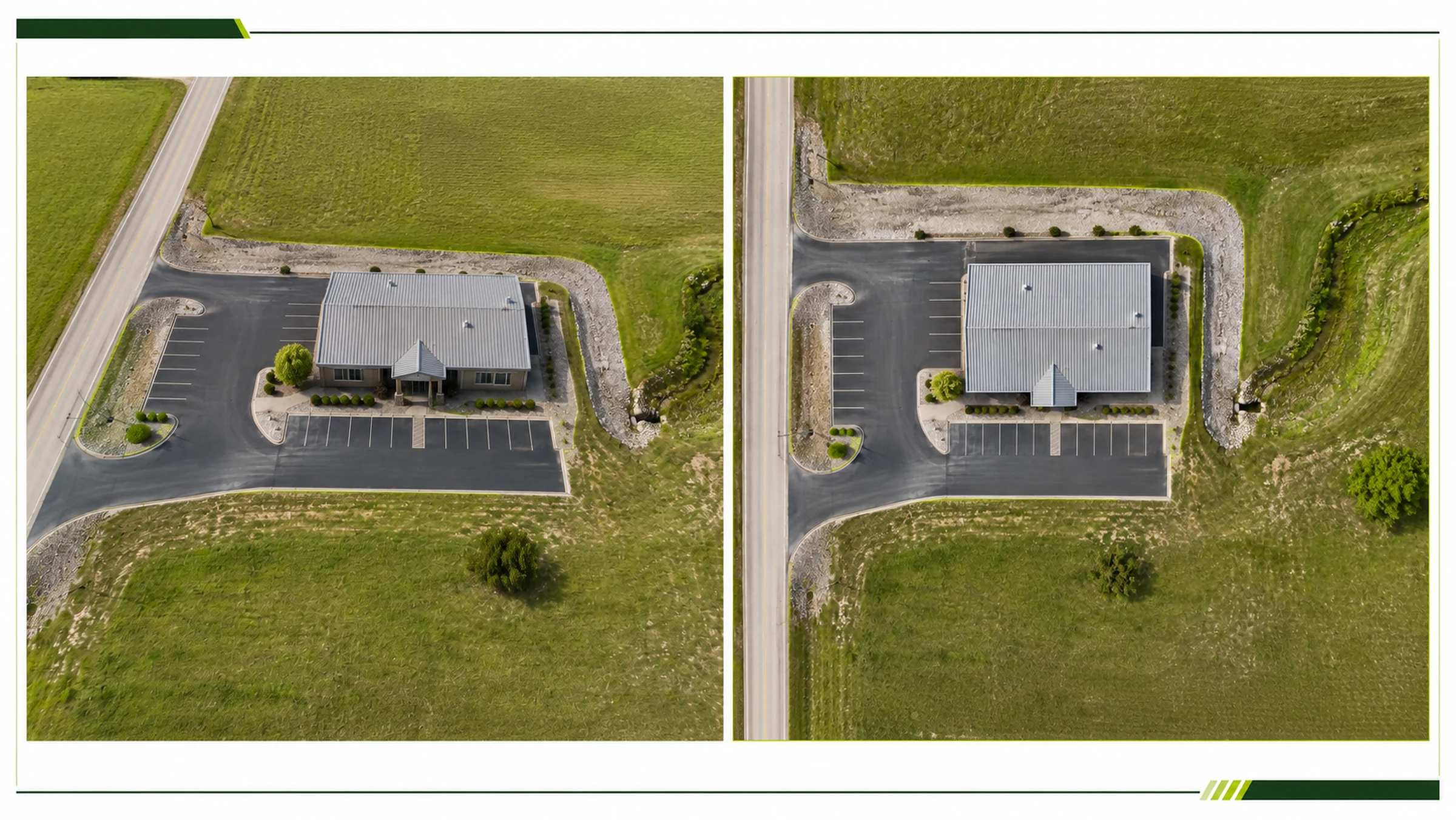 Side-by-side aerial photo and top-down orthomosaic-style view of the same commercial property.