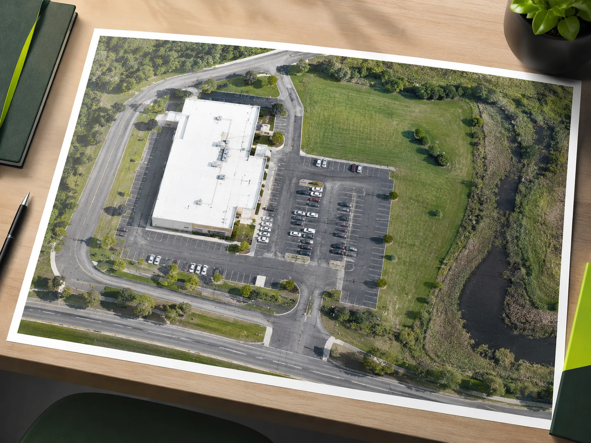 Orthomosaic-style drone map deliverable shown as a planning reference for a commercial property.