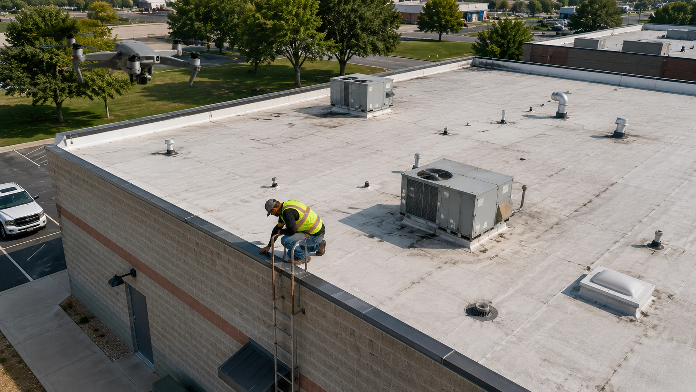 Aerial roof documentation compared with hands-on roof review on a commercial building.