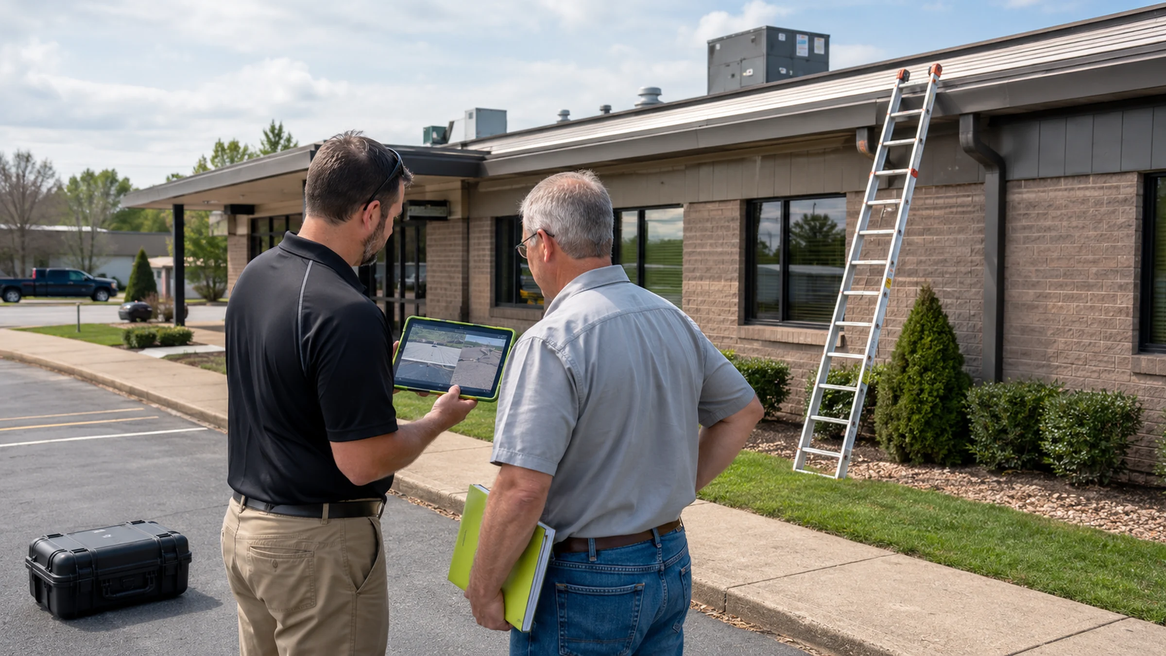Facility manager and roofing professional choosing the right roof documentation method outside a commercial building.