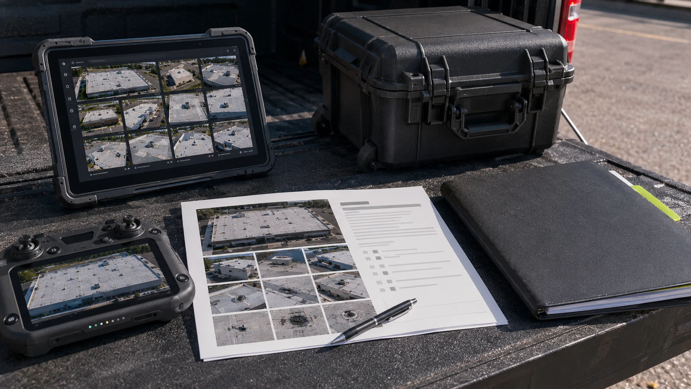 Example drone roof documentation package with aerial roof photos, field notes, and organized review materials.
