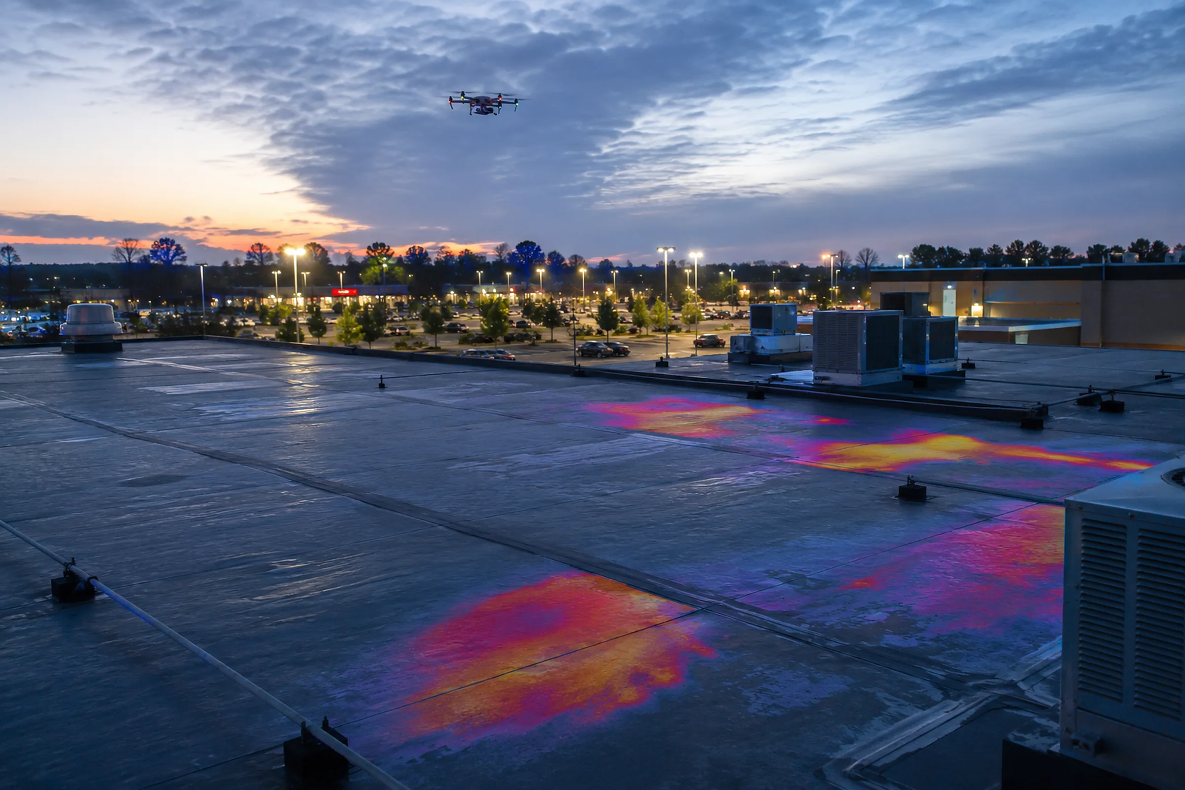 Dusk roof-level thermal screening scene showing apparent temperature contrast on a commercial low-slope roof.
