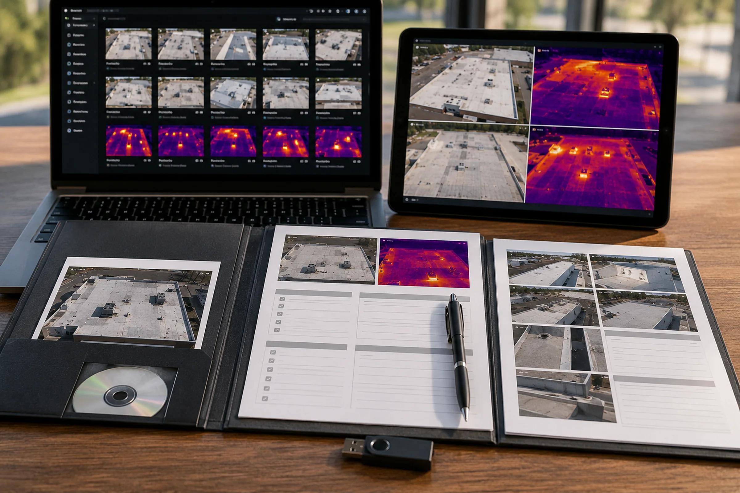 Thermal roof screening documentation package with paired roof images, review sheets, and organized files.