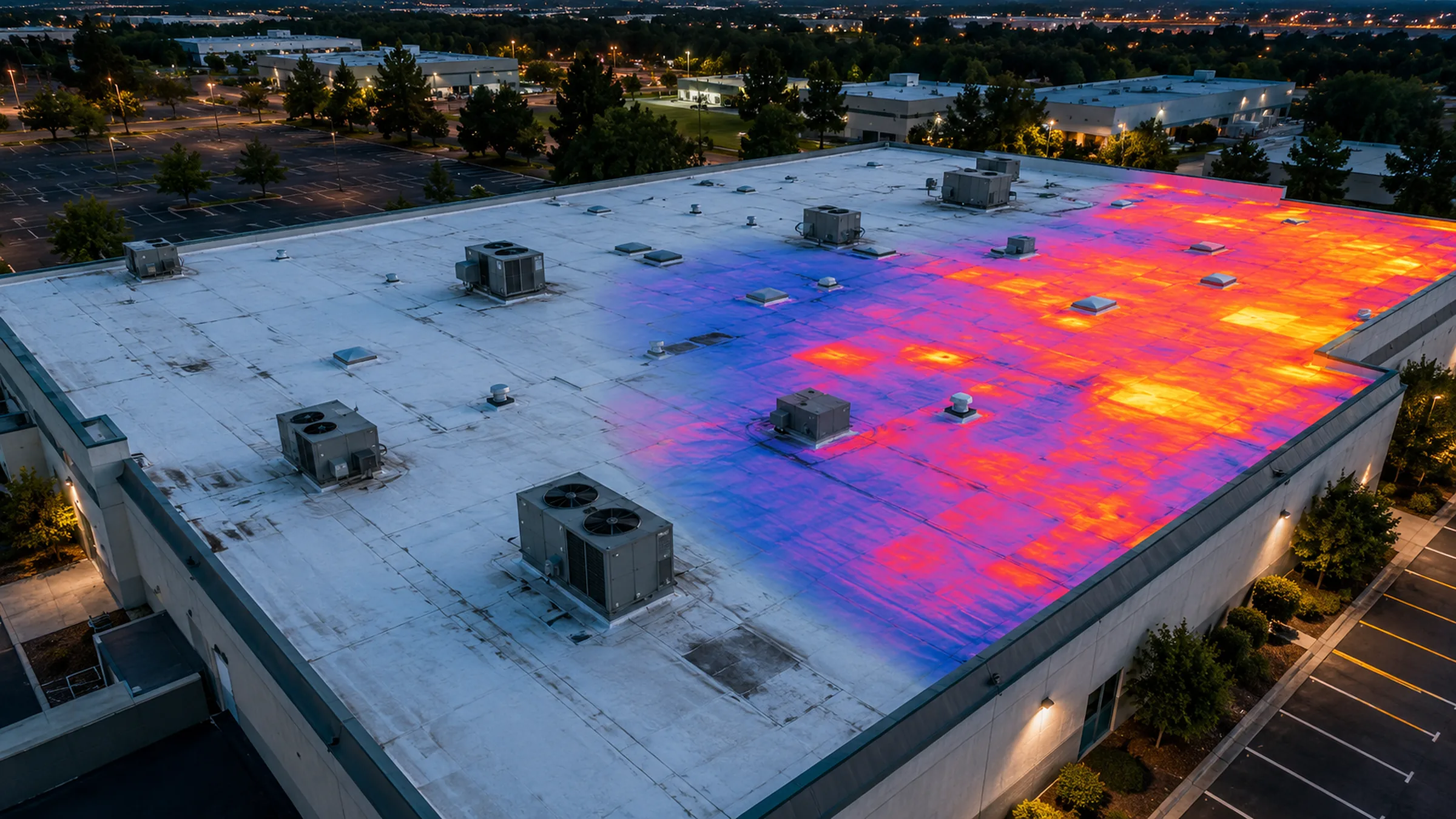 Drone thermal roof screening view showing apparent temperature contrast on a commercial low-slope roof.