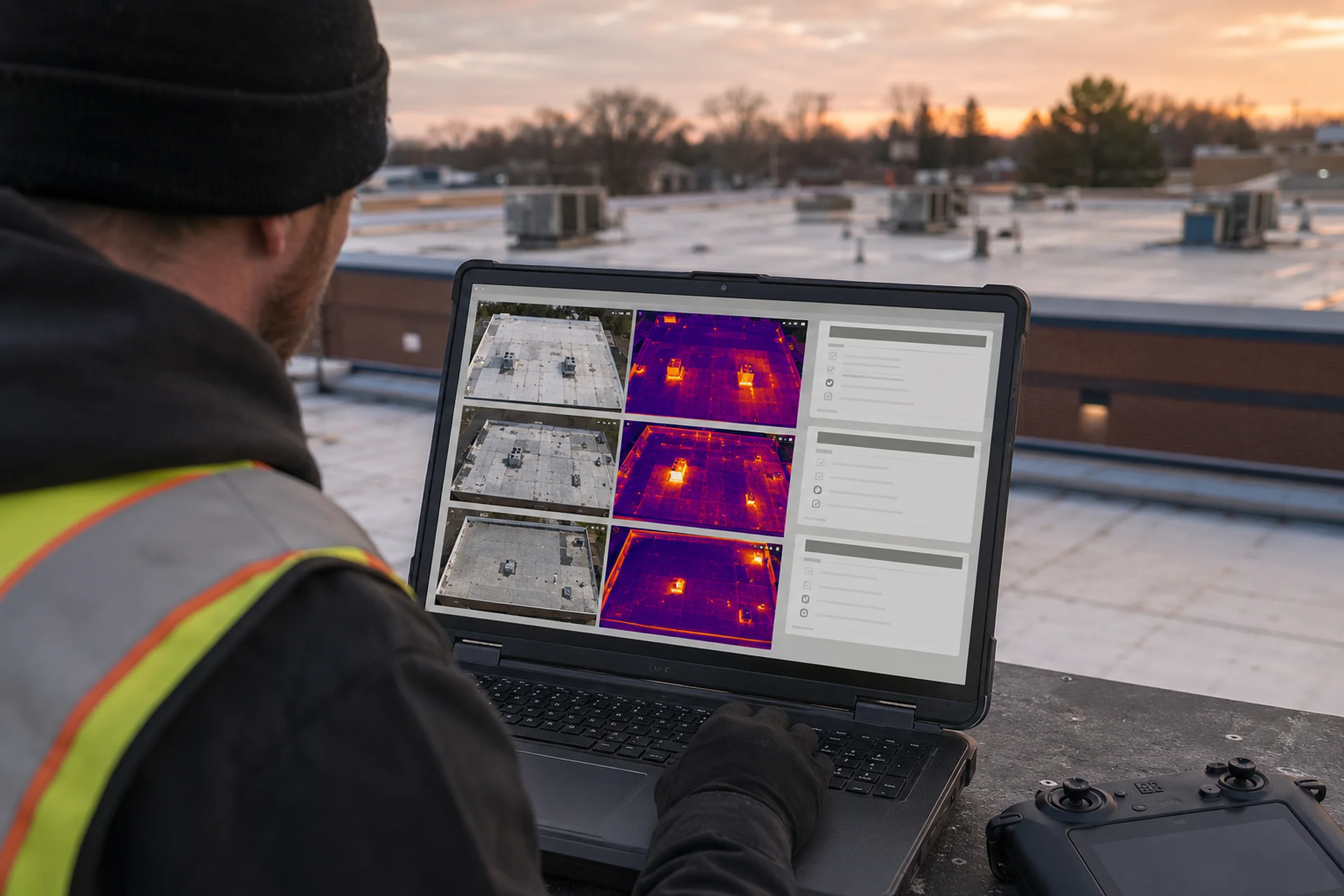 Field review laptop showing paired visible-light and thermal roof screening images on a commercial roof.