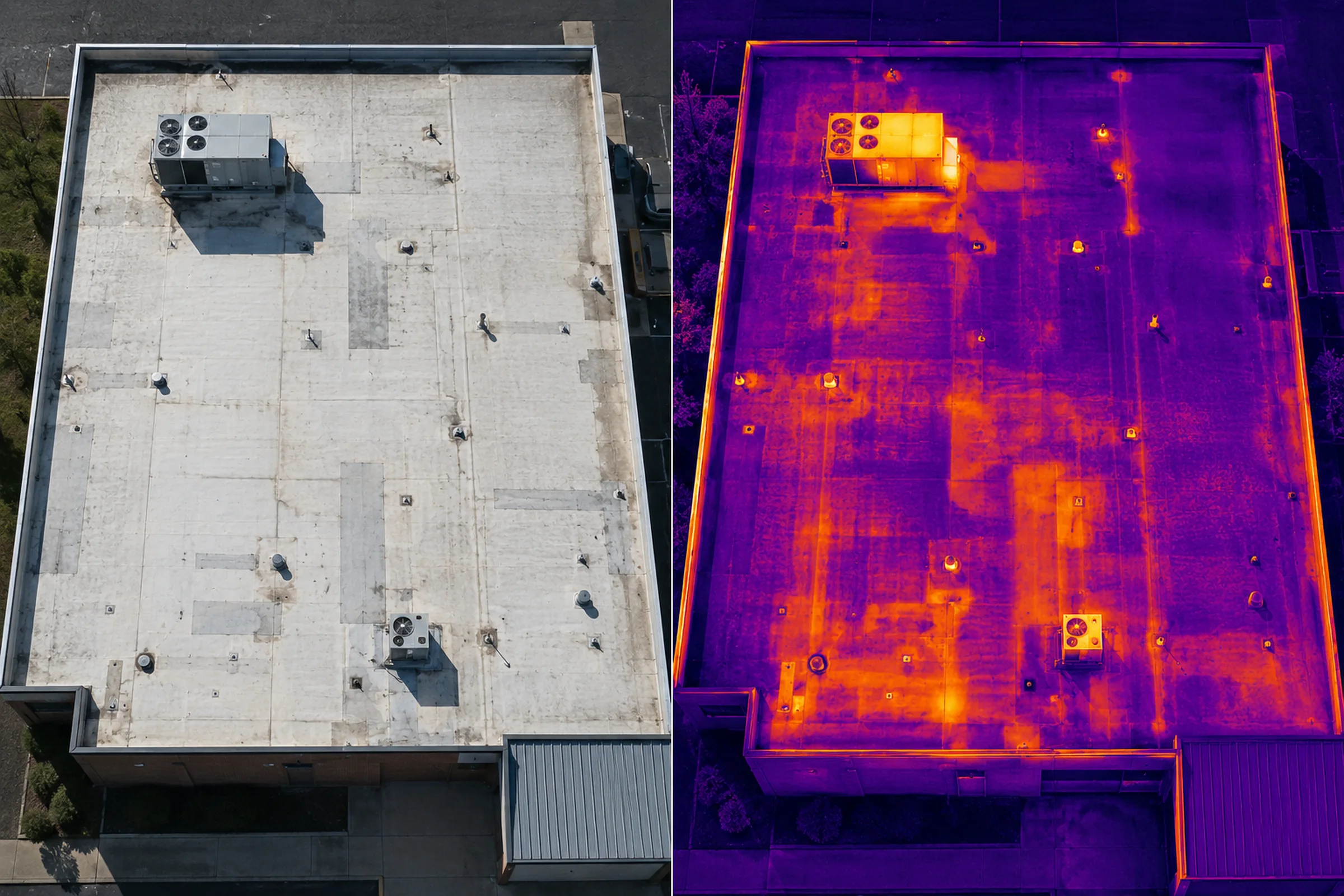 Visible-light and thermal roof screening views of the same commercial low-slope roof area.