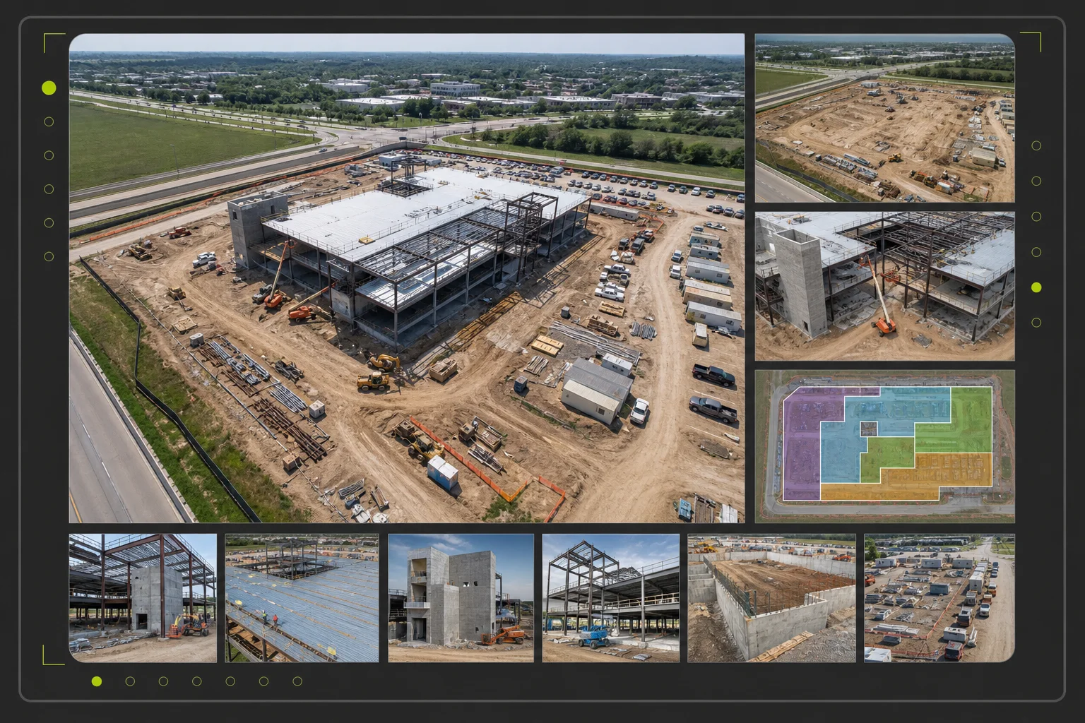 Illustrative construction progress package with a dominant current-site overview, earlier and current comparison views, phase details, and a restrained zone index.