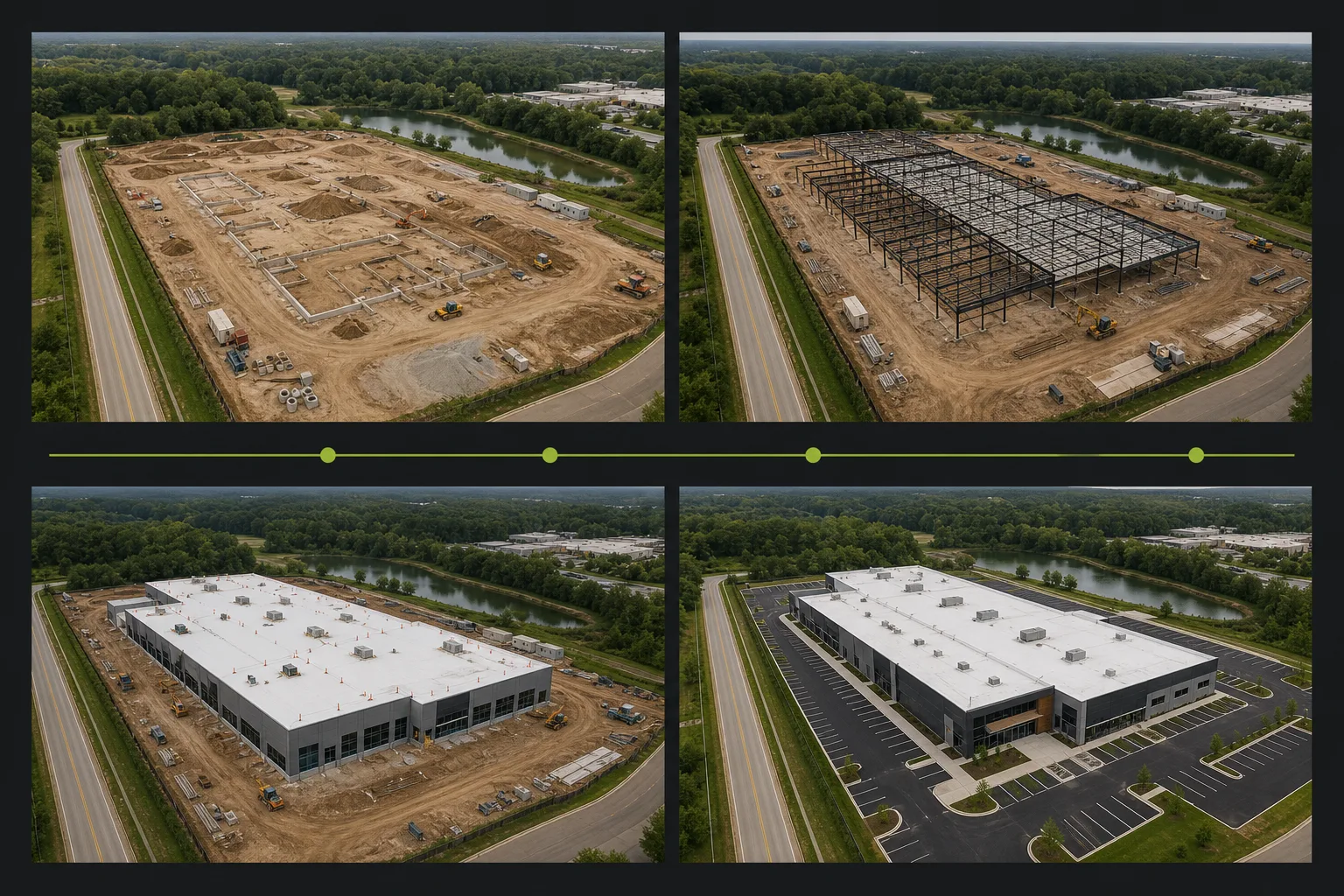 Illustrative construction documentation board comparing repeatable progress views, a key milestone record, and a stakeholder-ready update package.