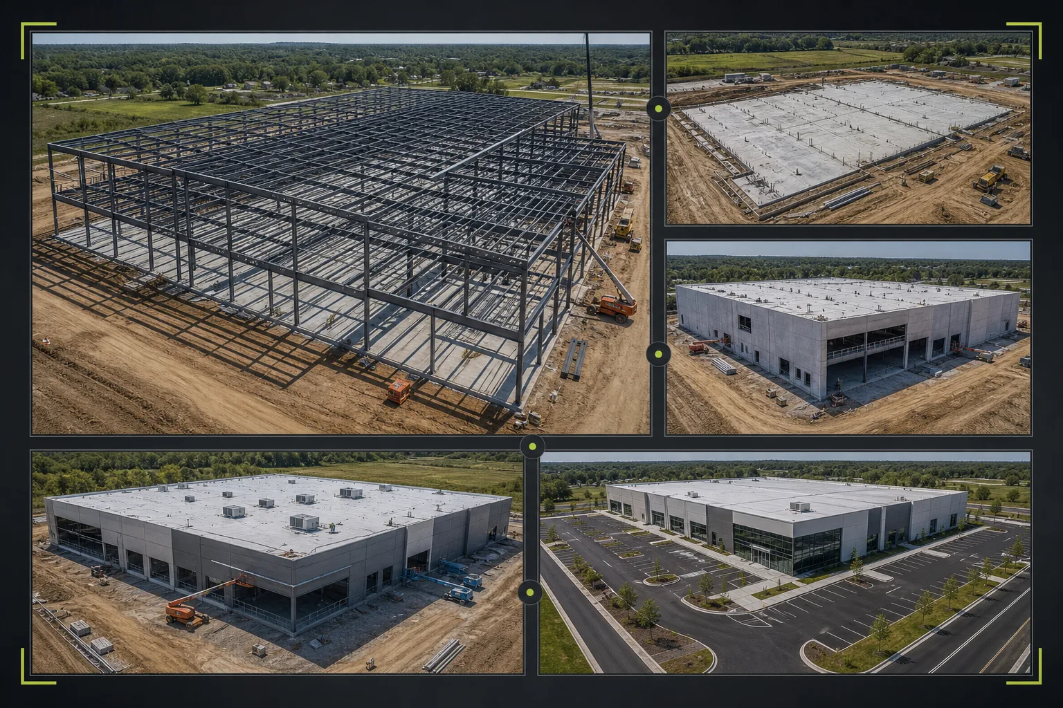 Illustrative construction milestone package with a site-wide overview, selected phase-detail images, and a concise share-ready visual record.