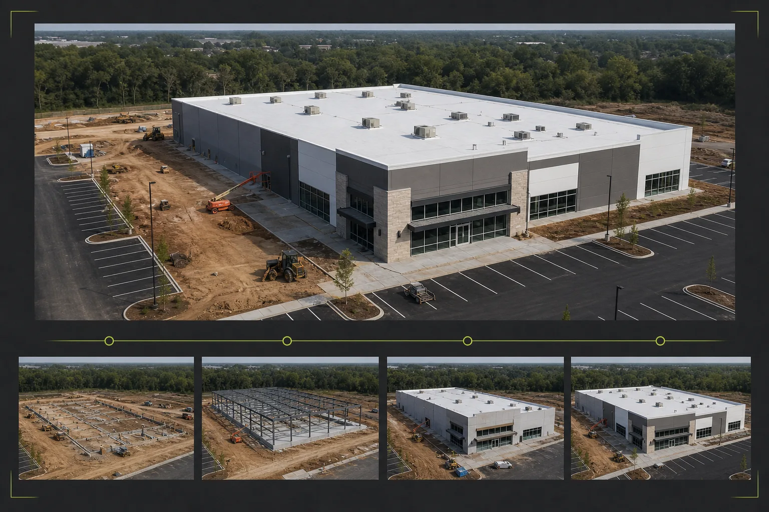 Illustrative recurring construction progress board with date-labeled aerial views, repeatable viewpoint comparison, and organized visit folders.