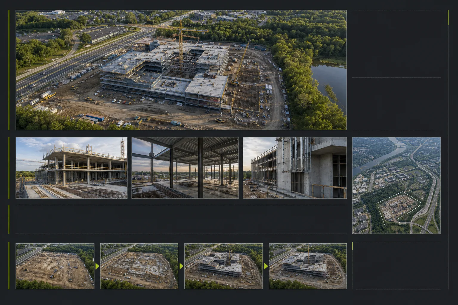 Illustrative stakeholder progress package with a current site overview, selected zone updates, date references, and organized supporting images.