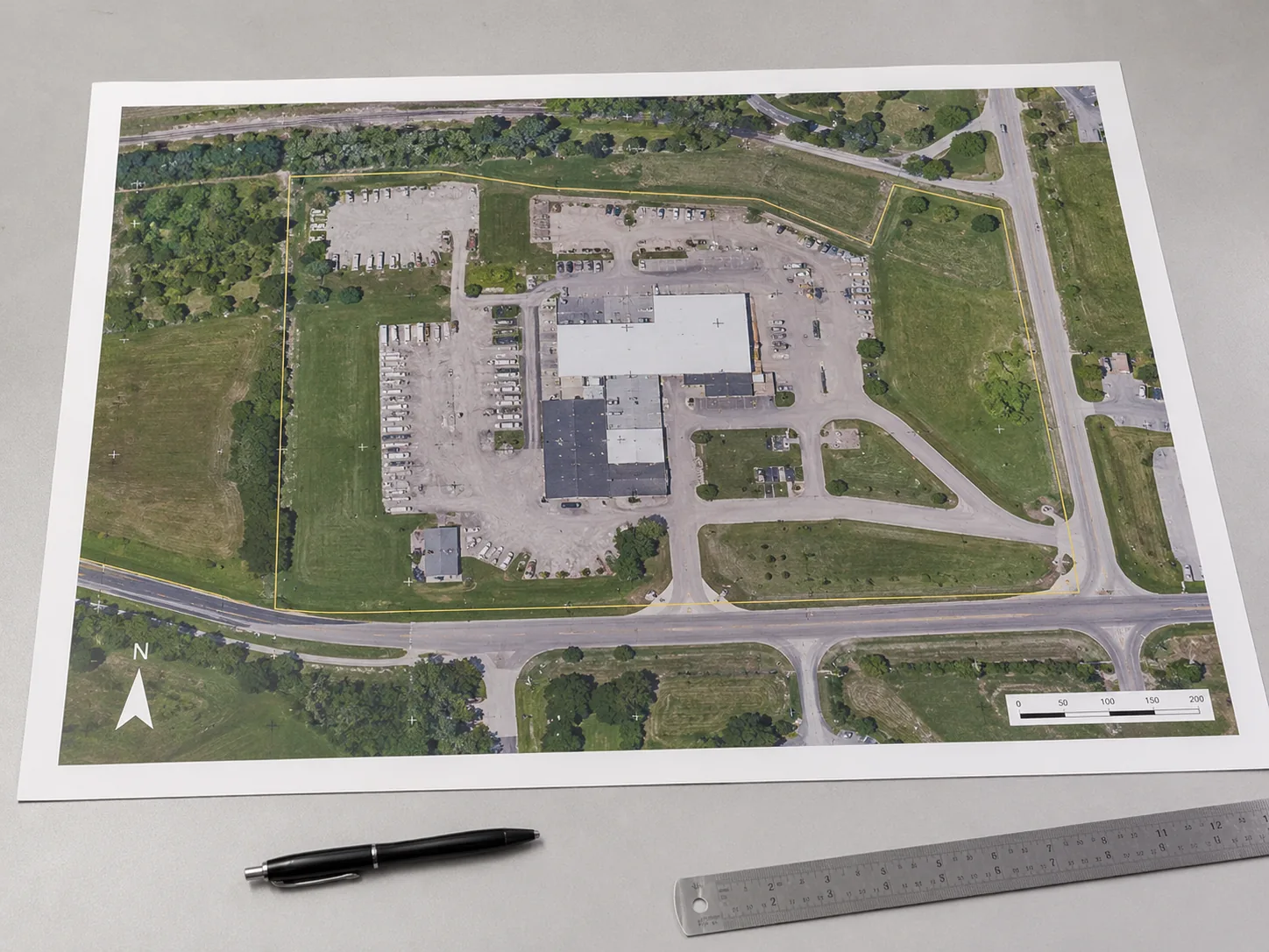 Printed orthomosaic-style site map with property boundary, north arrow, scale bar, pen, and ruler.