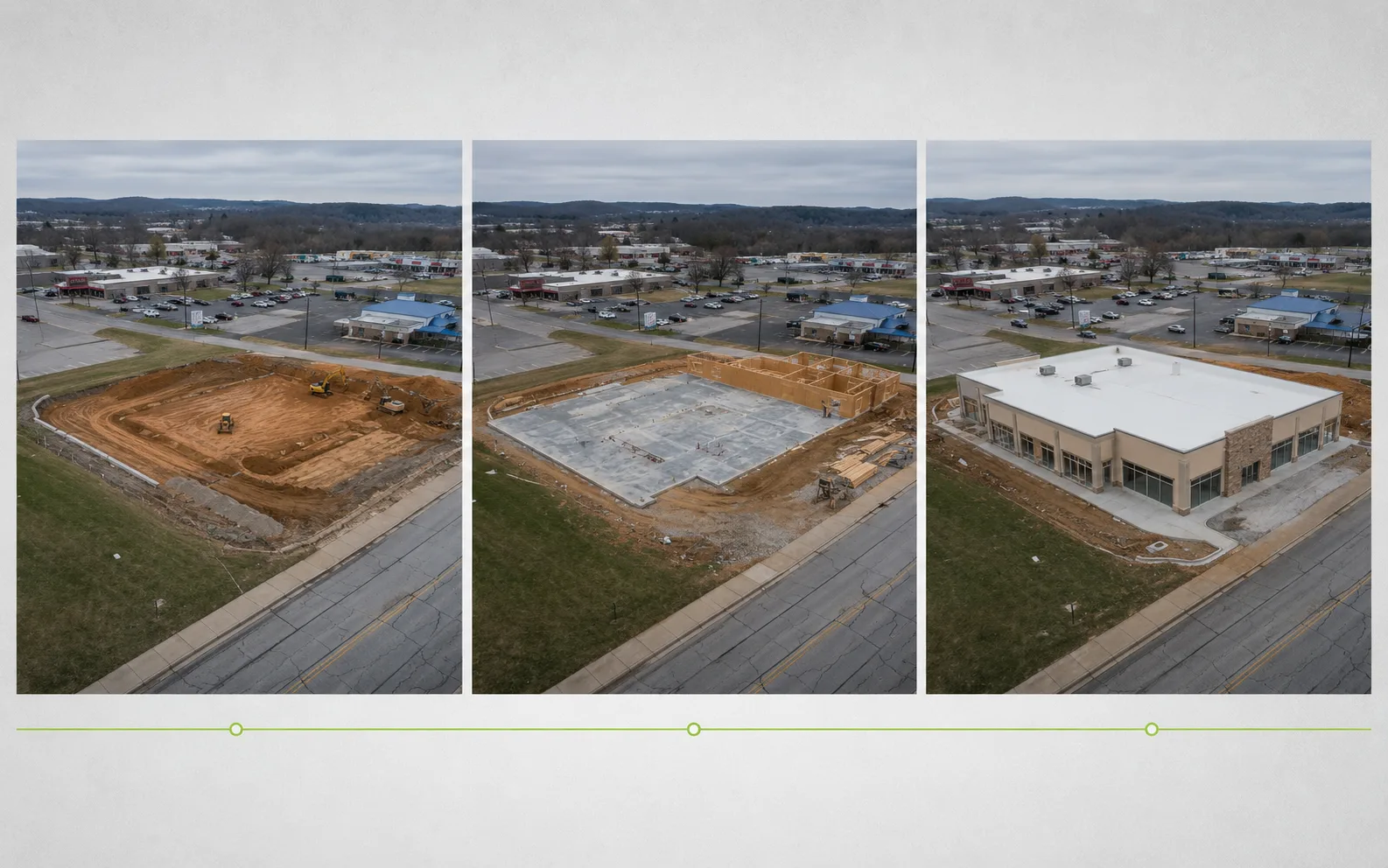 Three aerial construction progress views presented as a visual timeline for project documentation.
