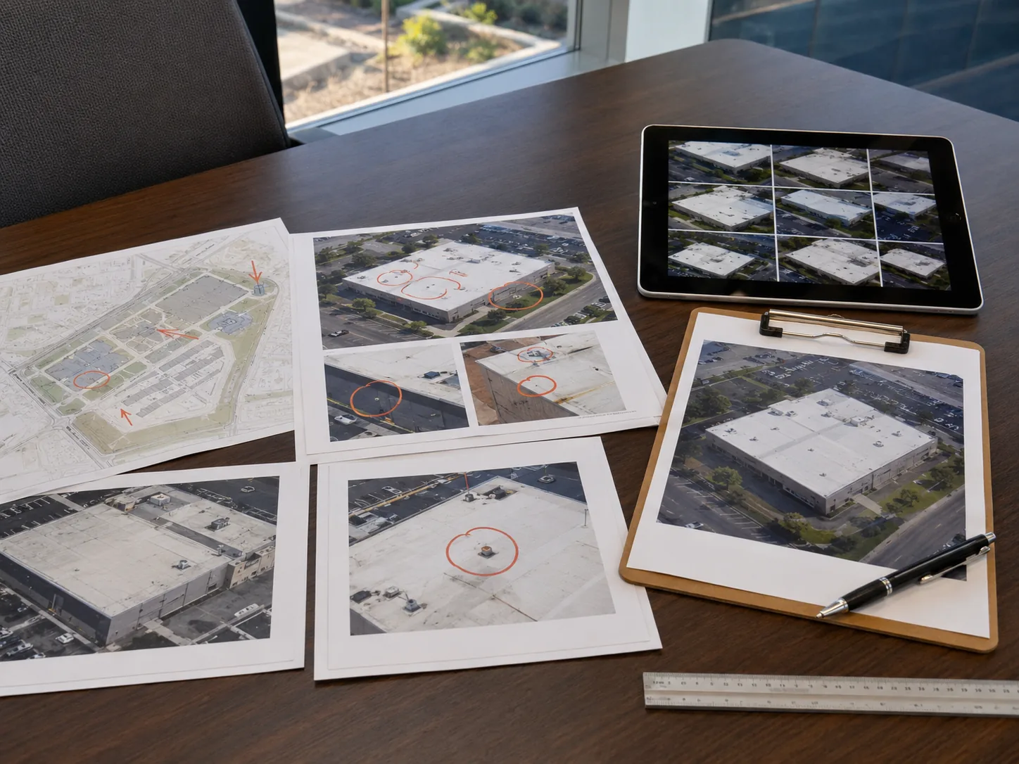 Commercial roof documentation packet with aerial photos, marked site map, tablet gallery, clipboard, ruler, and pen.
