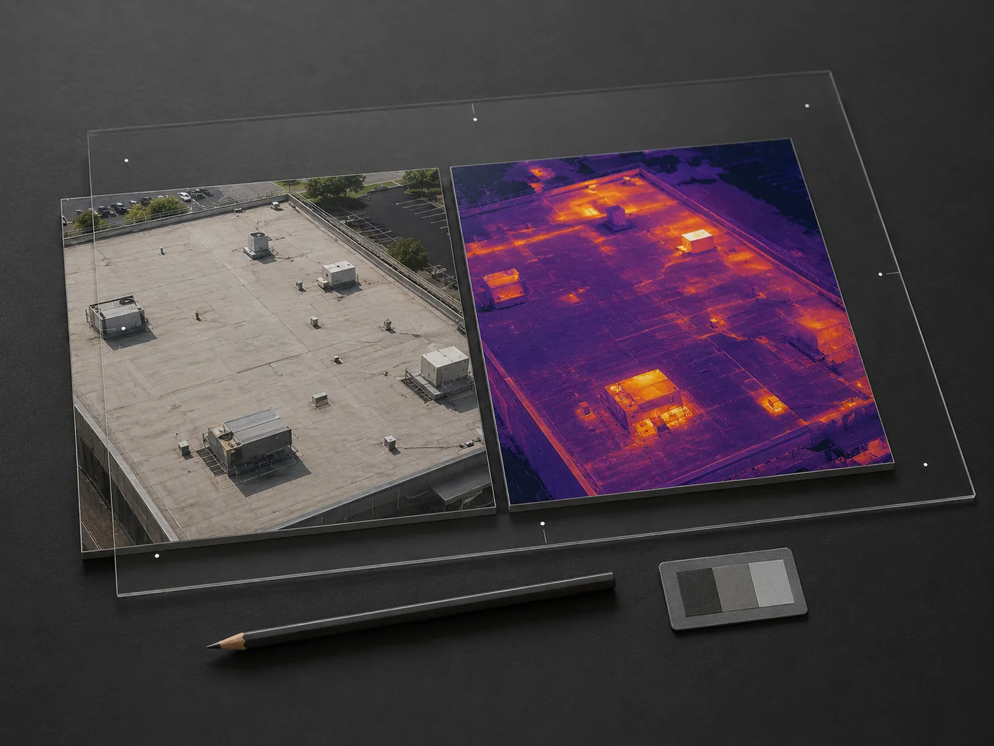 Paired RGB and thermal roof image tiles on a dark review surface with acrylic alignment marks and calibration card.