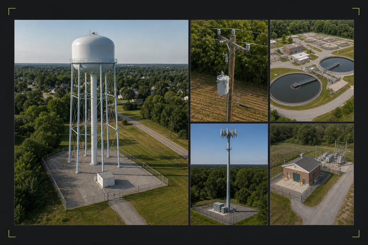 Illustrative infrastructure documentation board with water-tower, utility-pole, water-treatment-facility, cell-tower, and electrical-facility views arranged for qualified follow-up review.