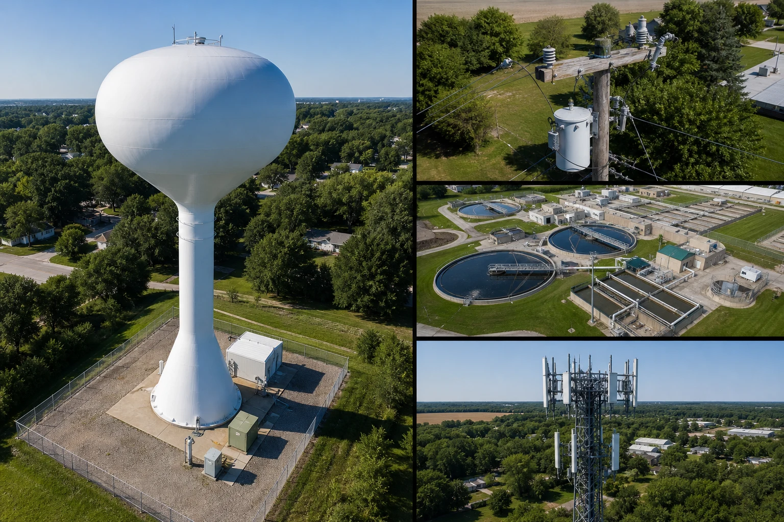 Illustrative infrastructure documentation montage showing a municipal water tower, utility pole and transformer, water treatment facility, and communications tower from aerial review angles.