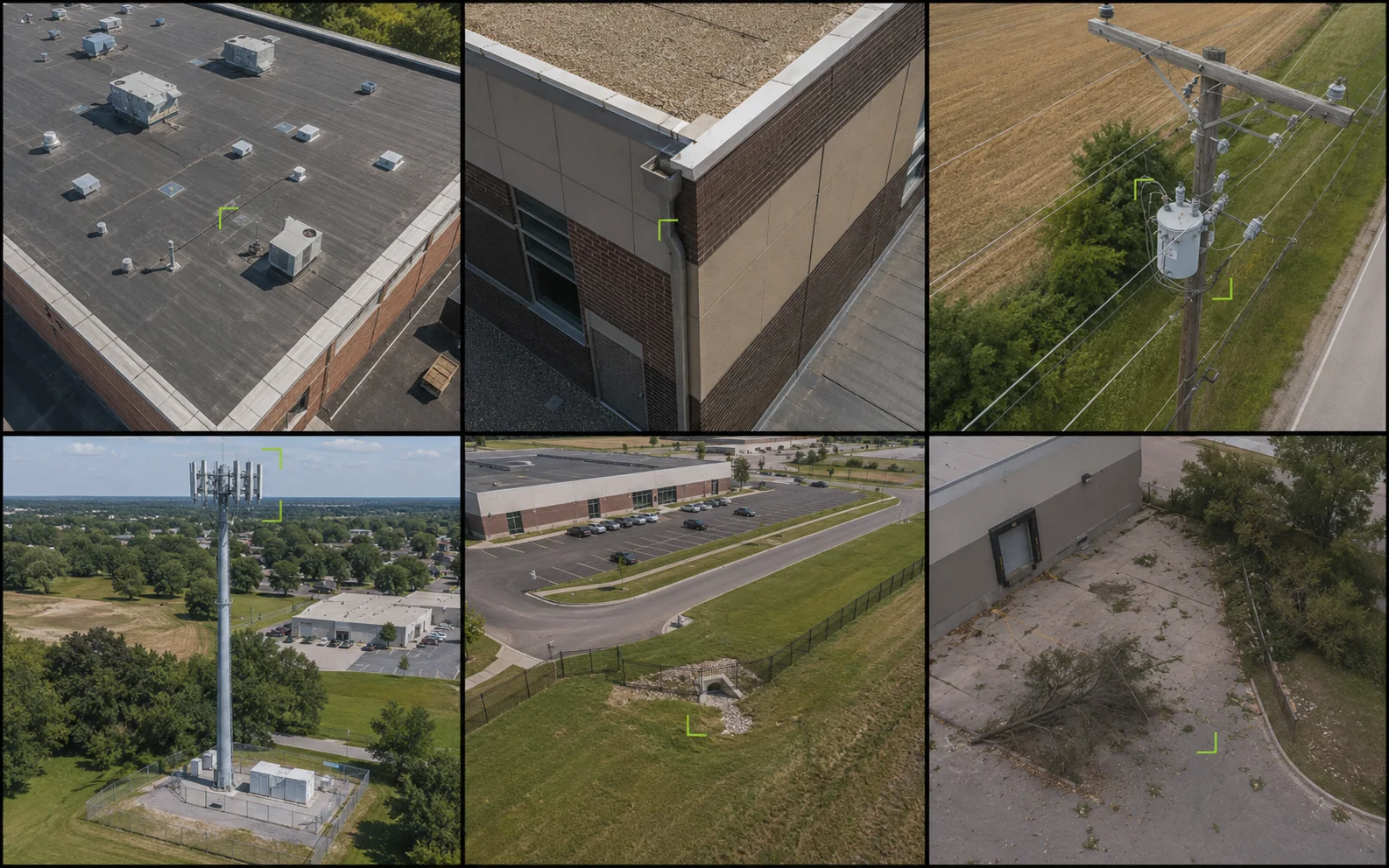 Aerial inspection views of commercial roofs, building exteriors, utility equipment, and infrastructure assets.
