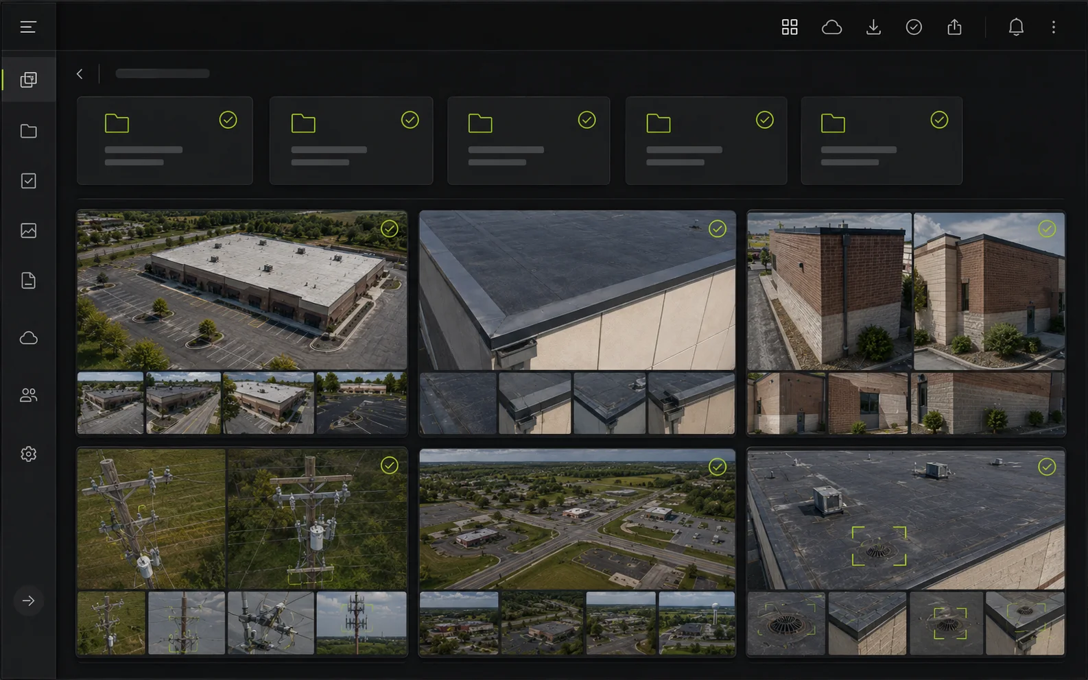 Illustrative organized digital inspection delivery view with grouped aerial thumbnails, callout references, and file structure for follow-up review.