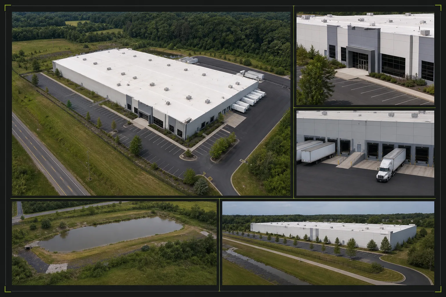 Illustrative property documentation composition combining a site overview, facade reference, loading and access view, perimeter context, and discreet review callouts.