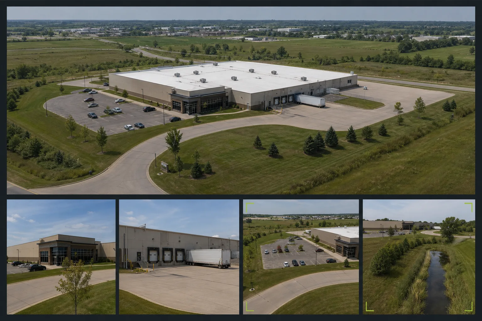 Illustrative commercial property documentation package combining a whole-site aerial overview with facade, loading-access, parking-circulation, perimeter, and drainage reference views.