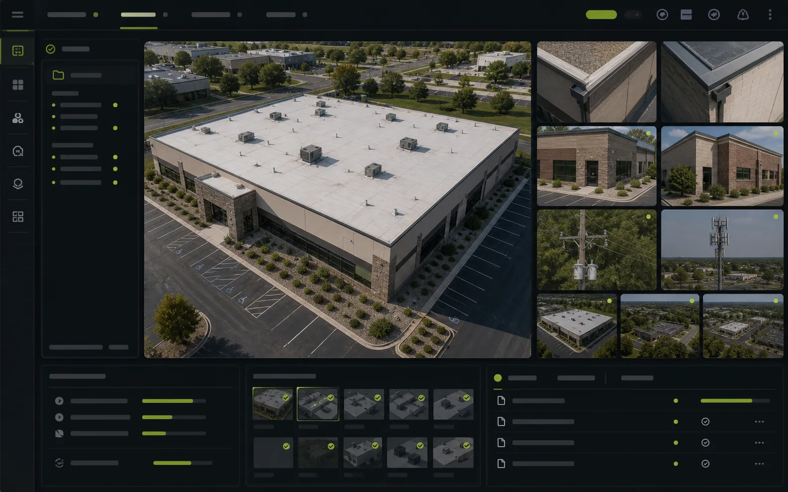 Illustrative representative drone inspection package preview showing a commercial property image, detail thumbnails, callout references, and organized review sections.