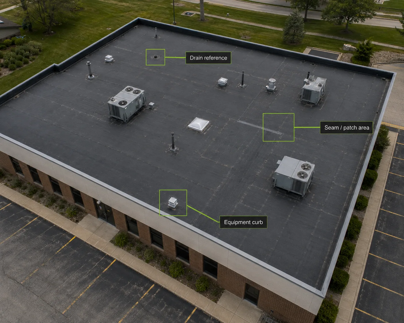Illustrative annotated aerial view of a commercial flat roof with callouts labeled drain reference, seam or patch area, and equipment curb for follow-up review.