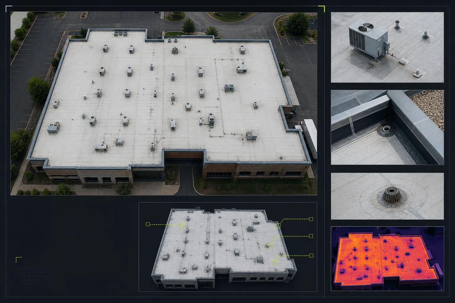Illustrative digital roof documentation package with a main roof overview, organized detail references, callout selections, and optional thermal context.