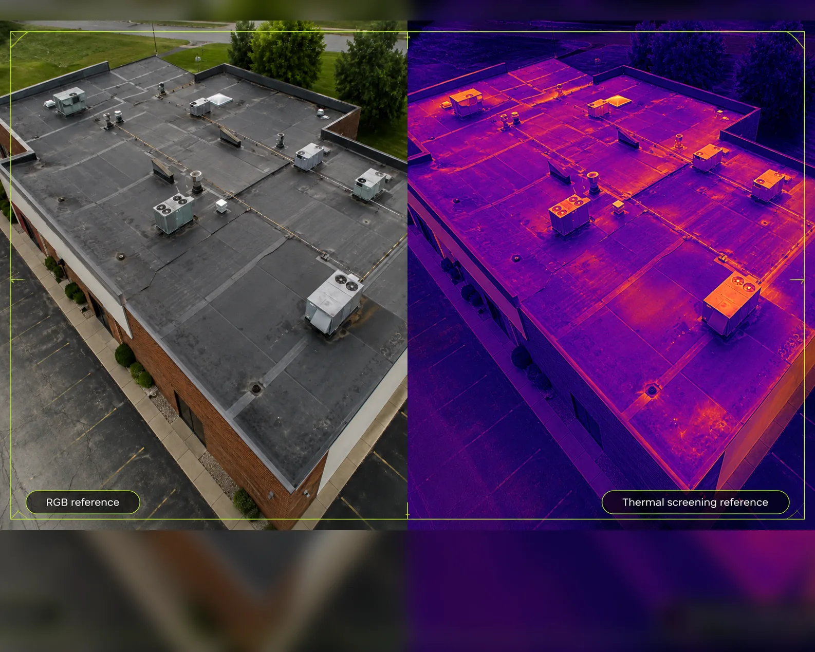 Illustrative side-by-side commercial roof documentation image comparing an RGB reference view with a thermal screening reference view.