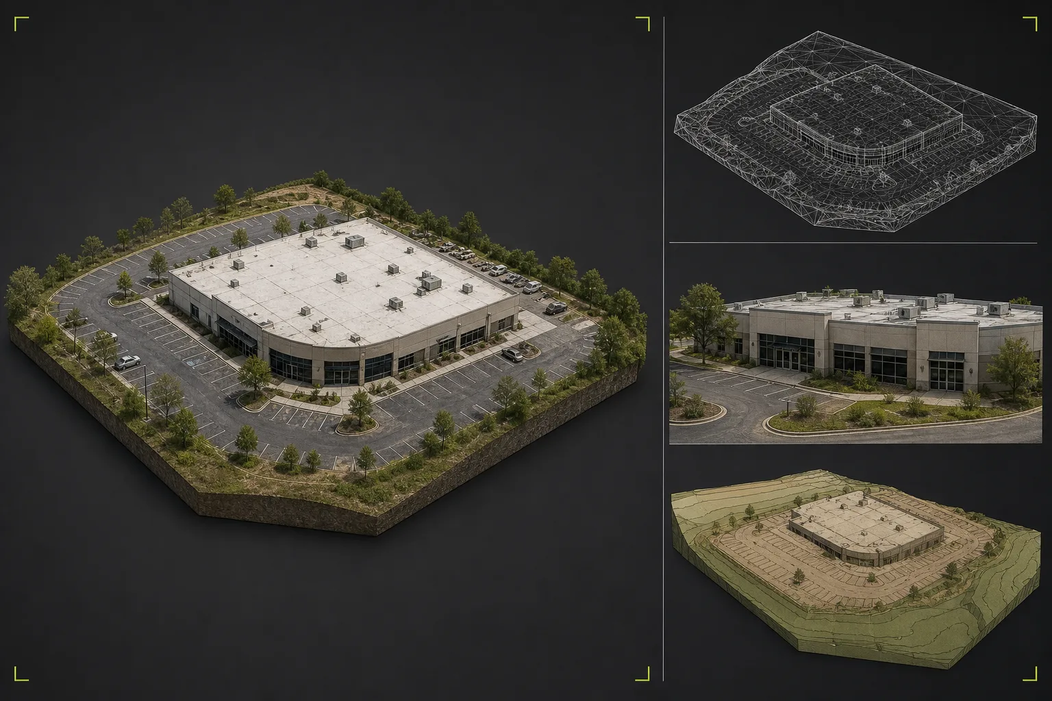 Illustrative 3D site-visualization board showing a main textured model, alternate exterior viewpoints, source-image context, and visible-coverage notes.