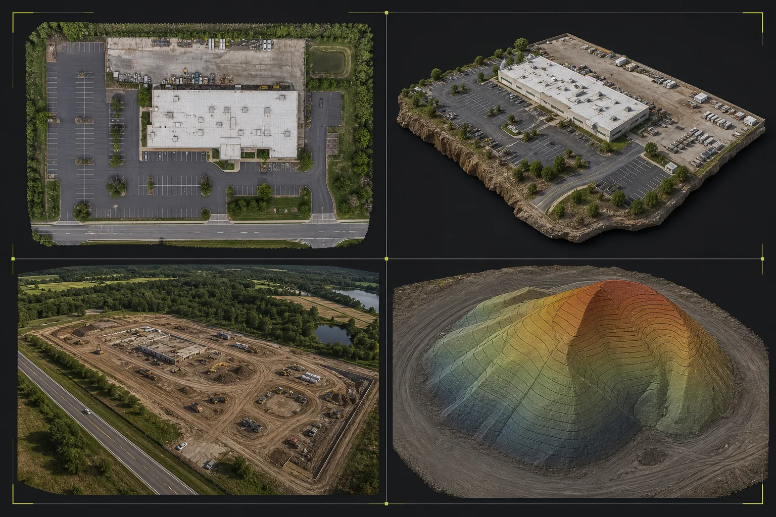 Illustrative mapping output board comparing an orthomosaic site map, textured 3D view, point-in-time site record, and approximate stockpile surface reference.