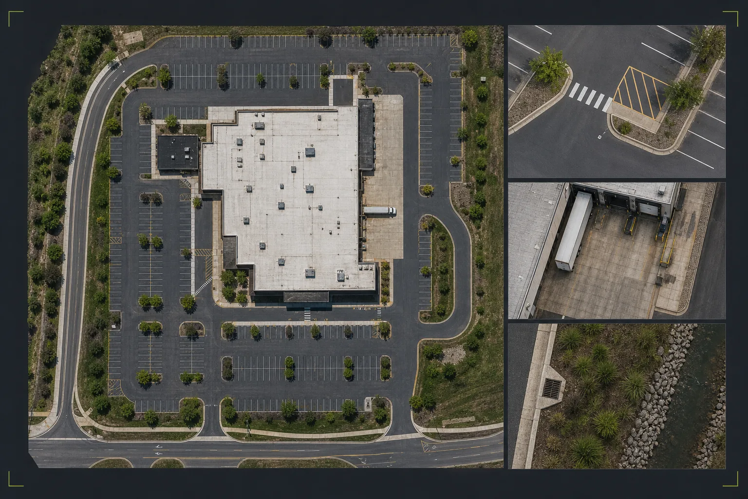 Illustrative orthomosaic delivery composition with a site-wide overhead map, orientation inset, approximate planning overlay, and organized export references.