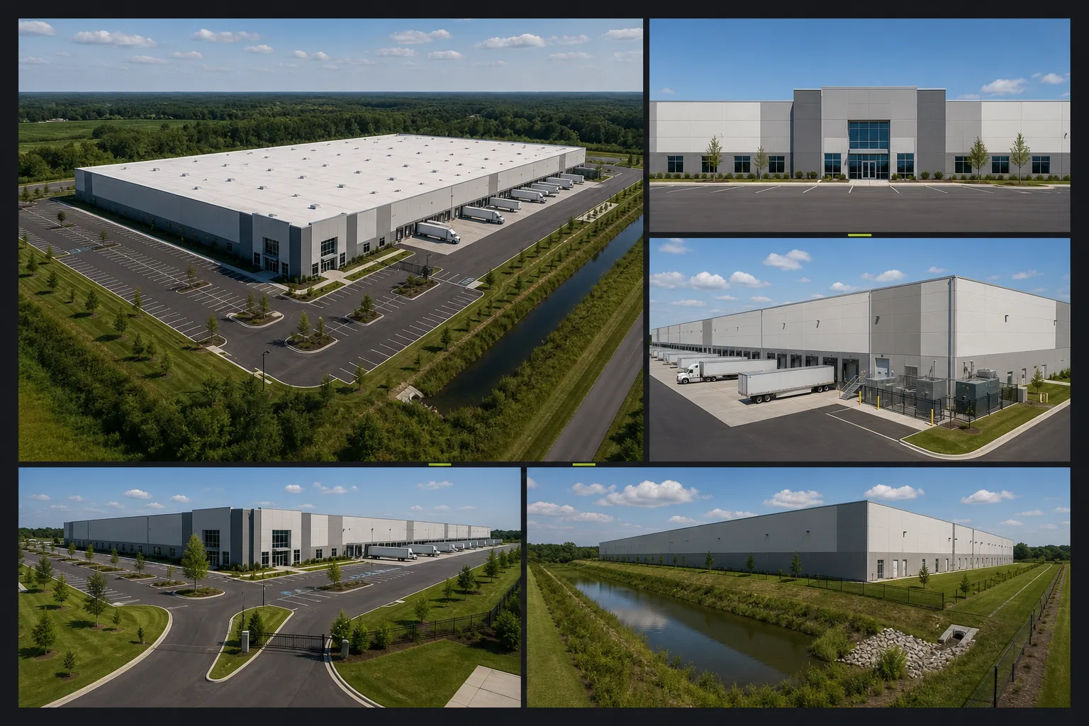 Illustrative site-documentation composition with a primary aerial overview, perimeter and access references, selected details, and date-based file organization.