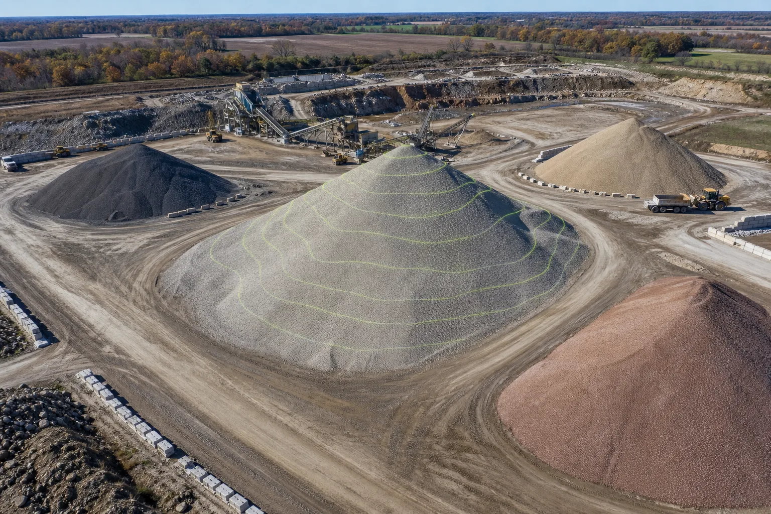 Aerial stockpile surface with contour references for approximate volume documentation.