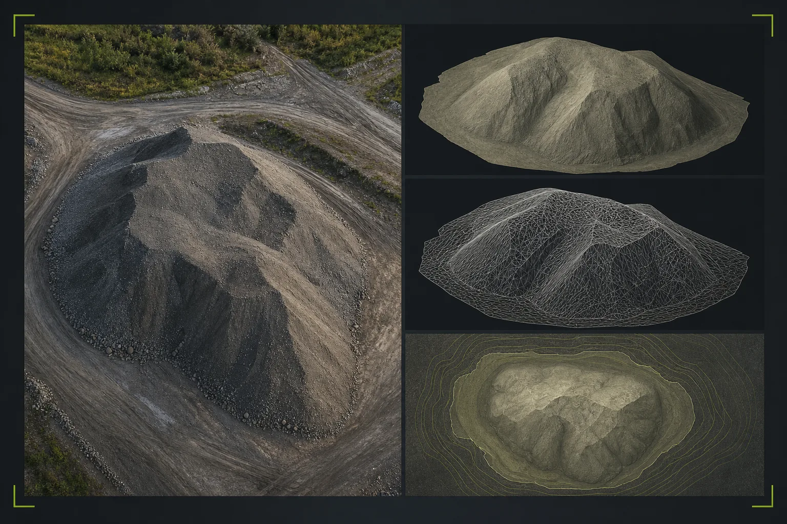 Illustrative stockpile volume documentation board with an aerial pile overview, contour surface, approximate quantity panel, and visible assumptions note.