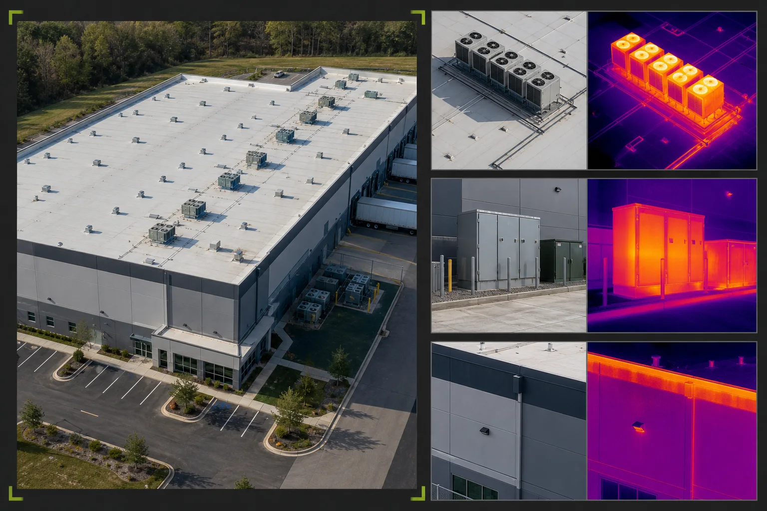 Illustrative building and equipment screening package with a facility overview and aligned RGB and thermal references for rooftop units, exterior cabinets, and a facade transition.