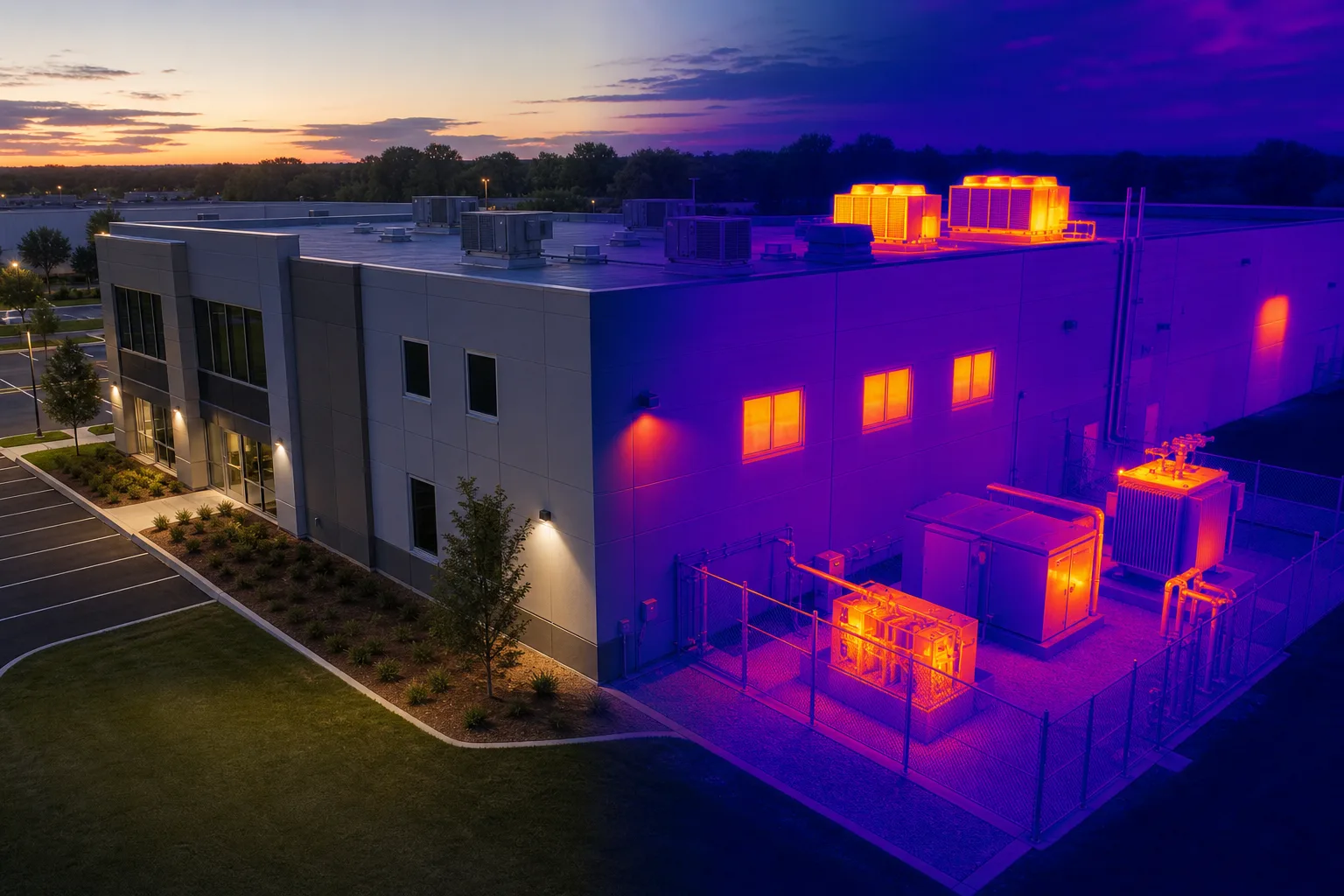 Illustrative aerial view of a commercial facility with paired thermal context around visible rooftop and exterior mechanical equipment.